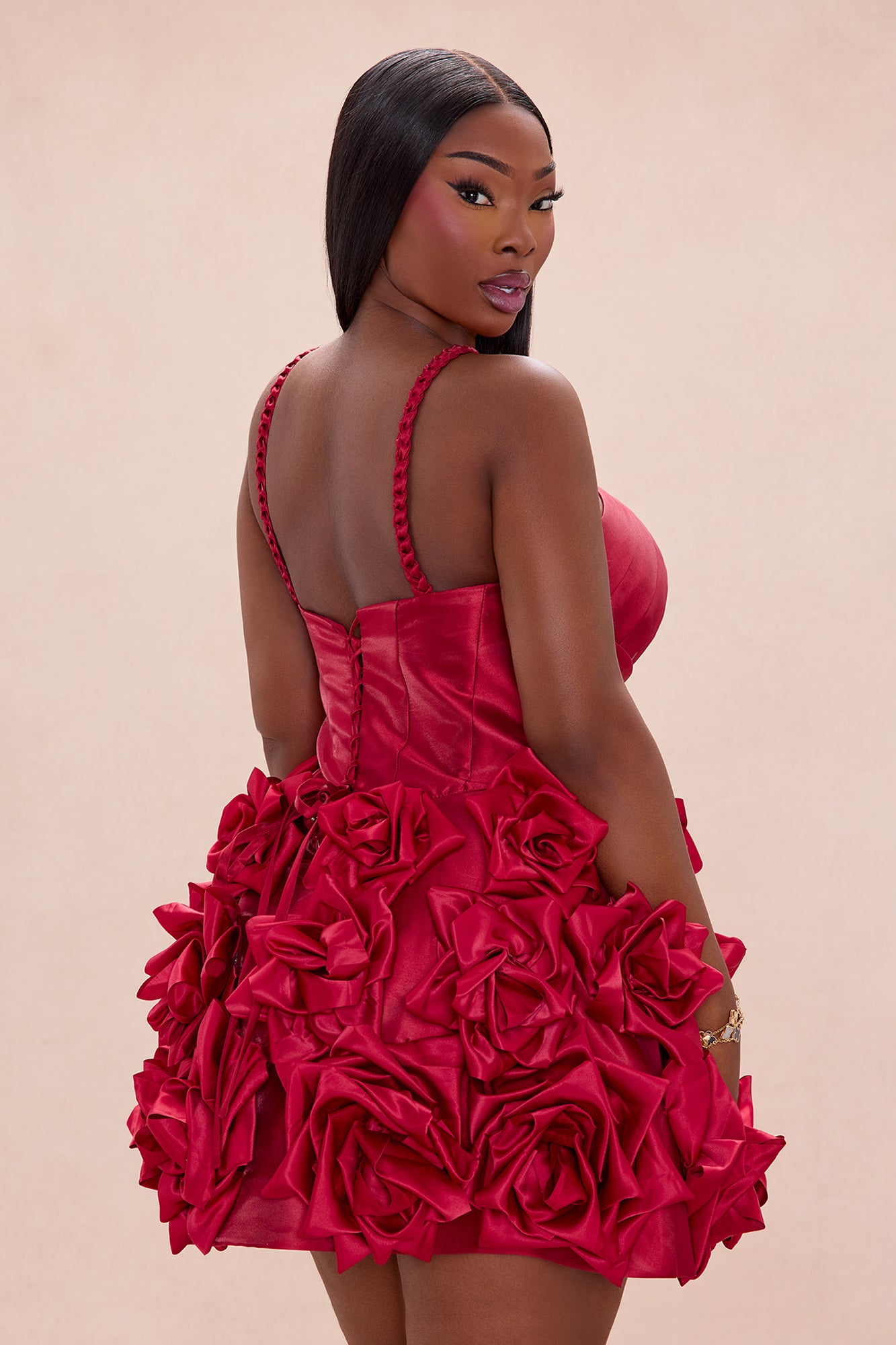 Jasmina Floral Satin Mini Dress - Red