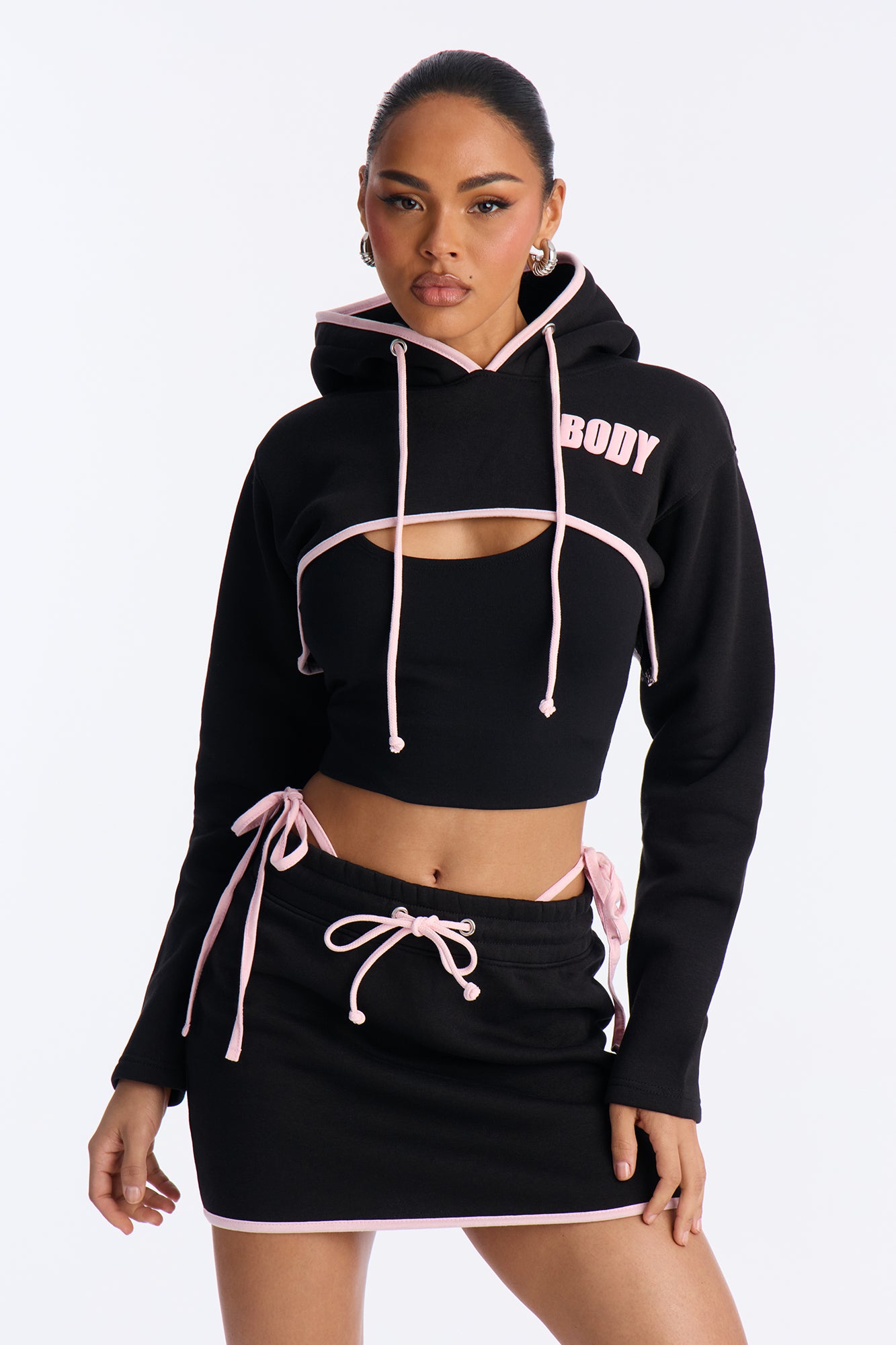 Body Goals Fleece Puff Print Mini Skirt Set - Black/Pink
