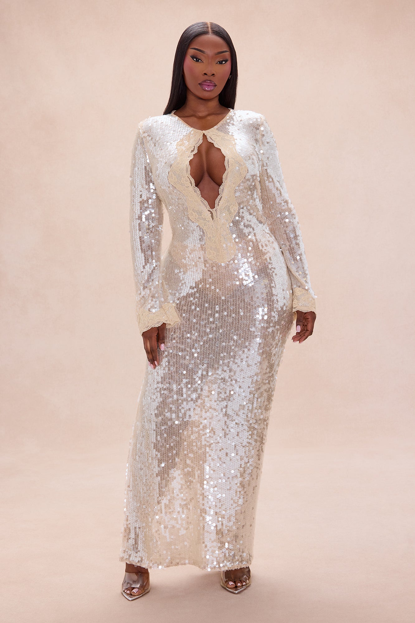 Ophelia Lace Trim Sequin Maxi Dress - Champagne