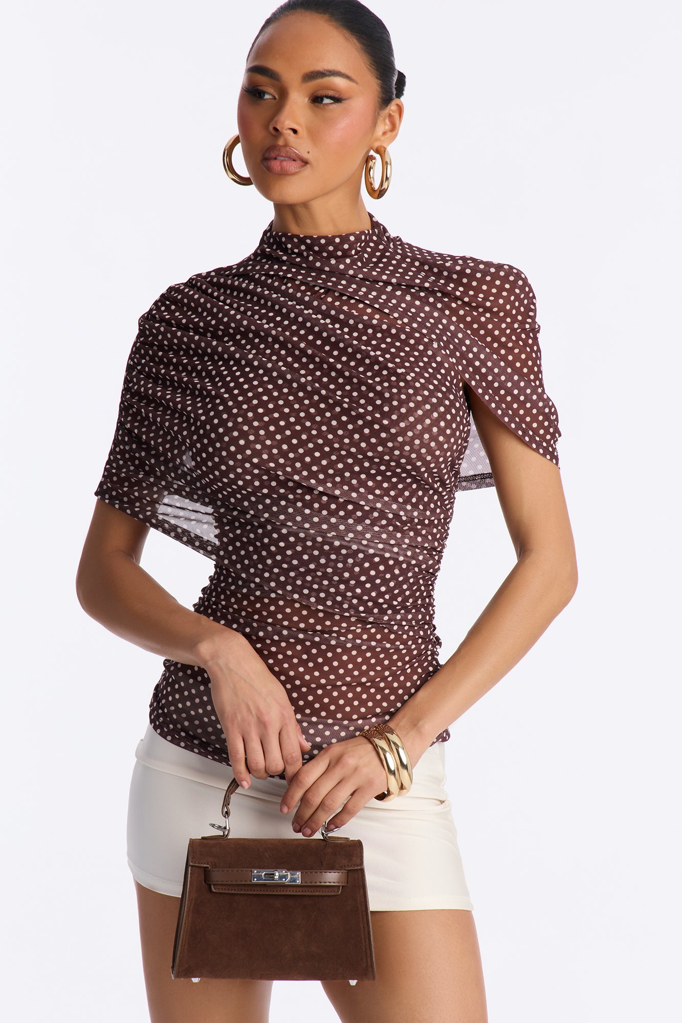 Kendall Mesh Polka Dot Mock Neck Short Sleeve Top - Brown/combo