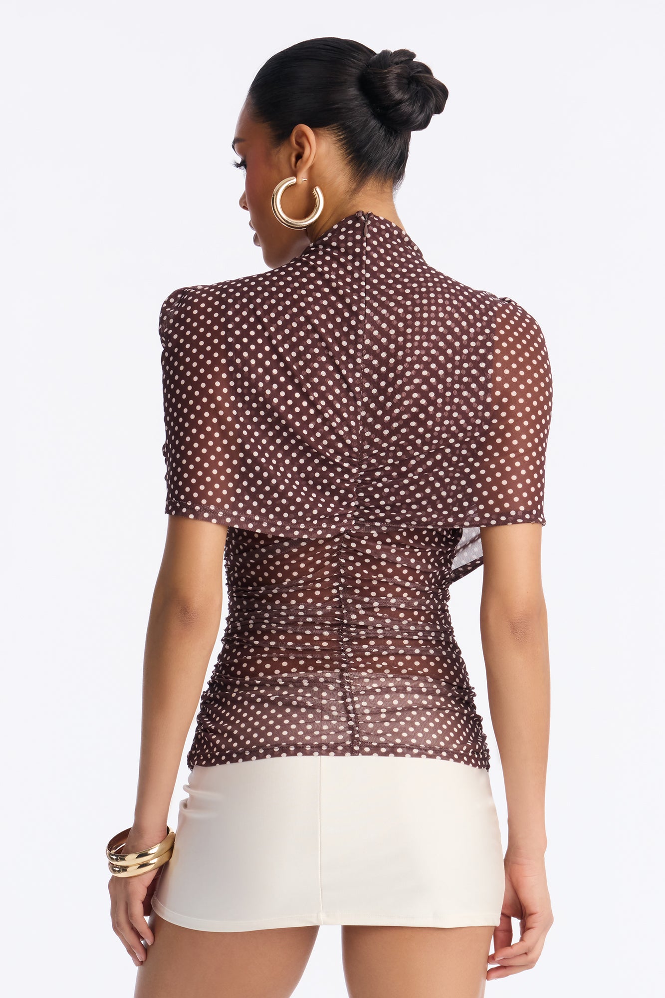 Kendall Mesh Polka Dot Mock Neck Short Sleeve Top - Brown/combo