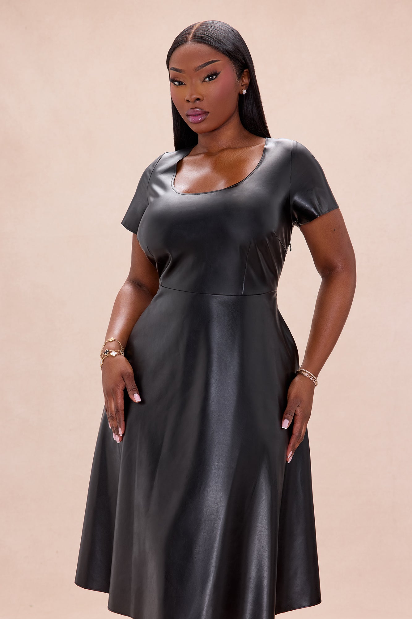 Jaclyn Faux Leather Midi Dress - Black