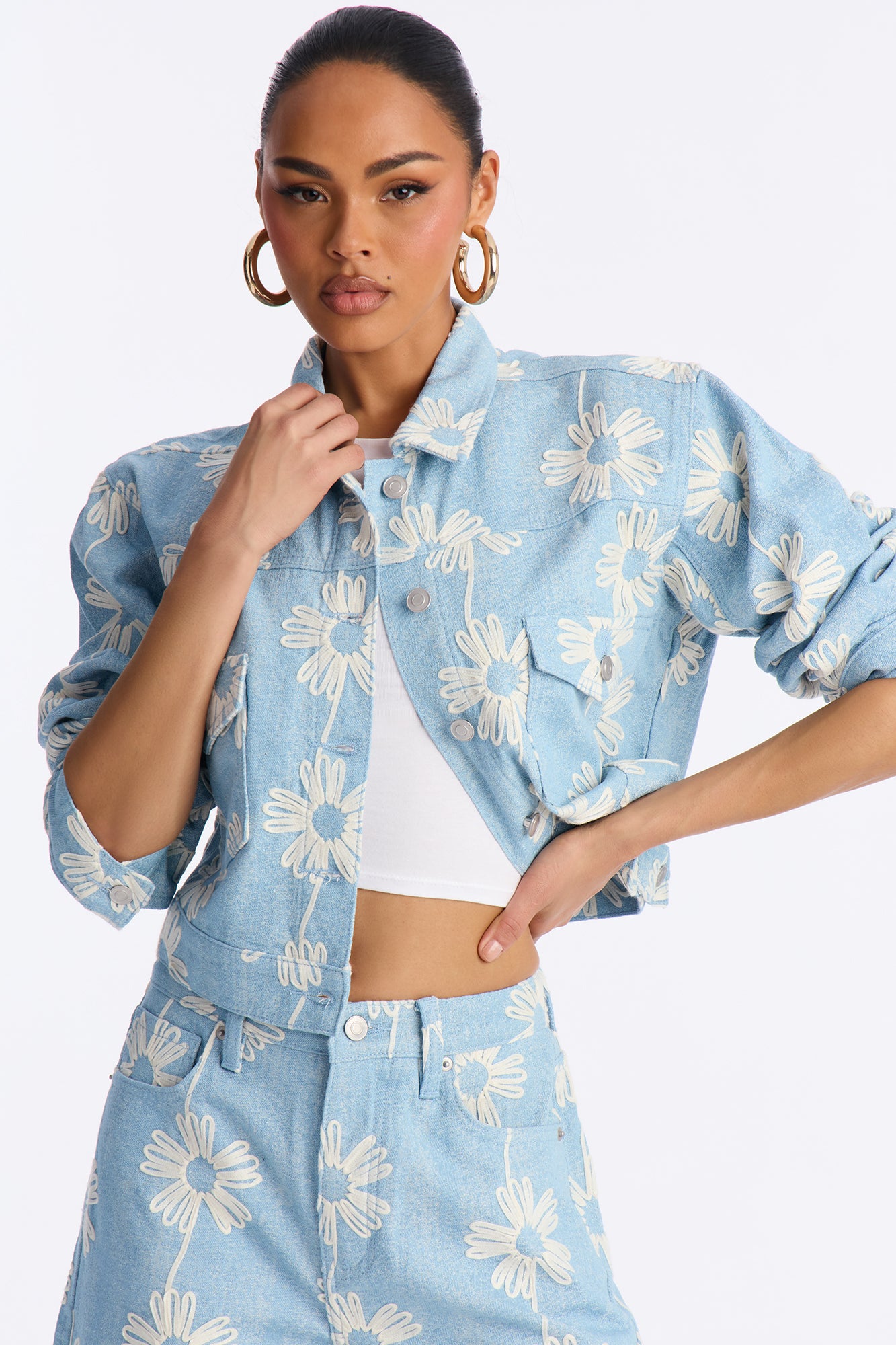 Good Vibes Embroidered Denim Trucker Jacket - Light Wash
