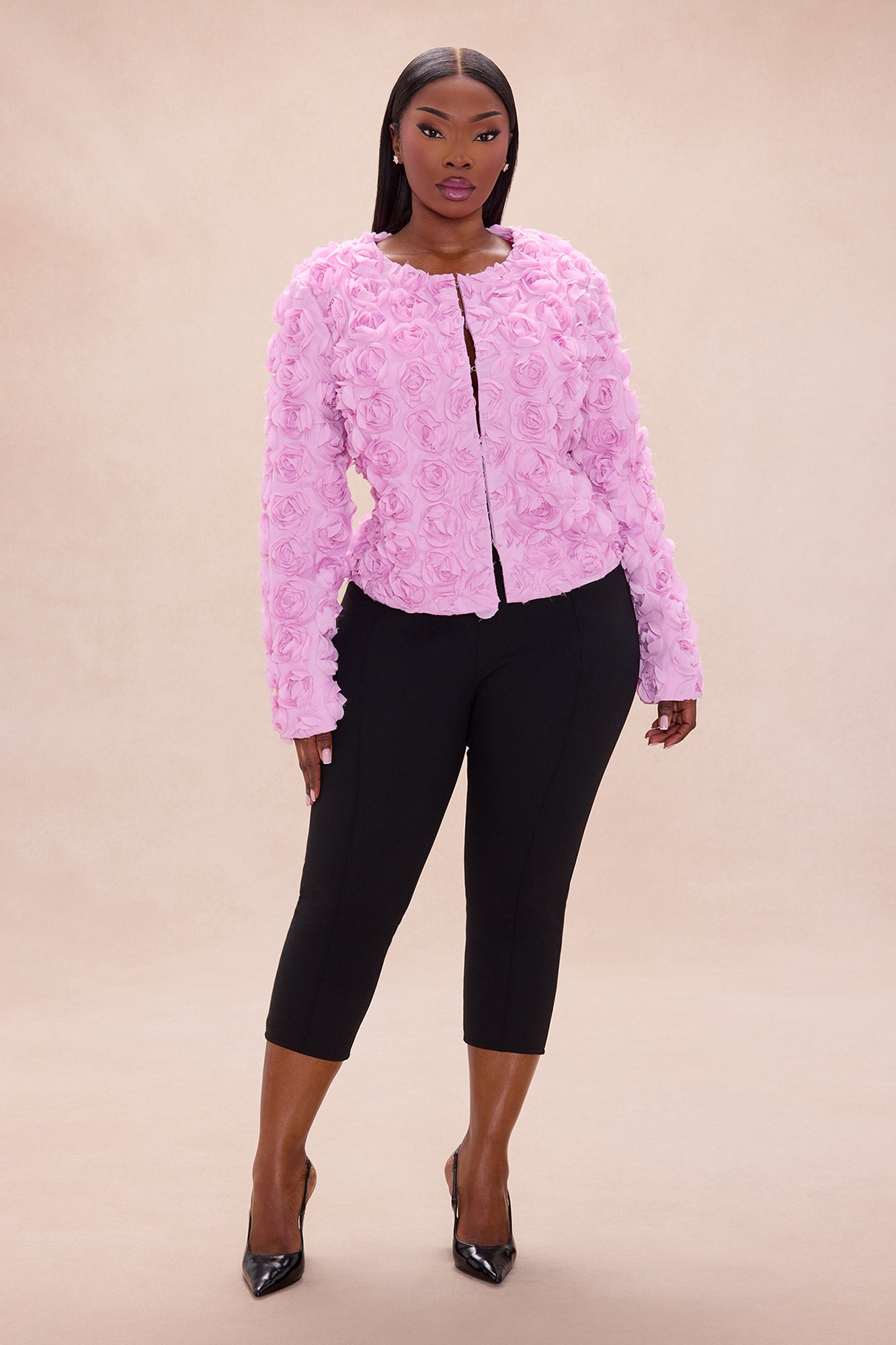 Kimberly Floral Applique Cropped Jacket - Pink