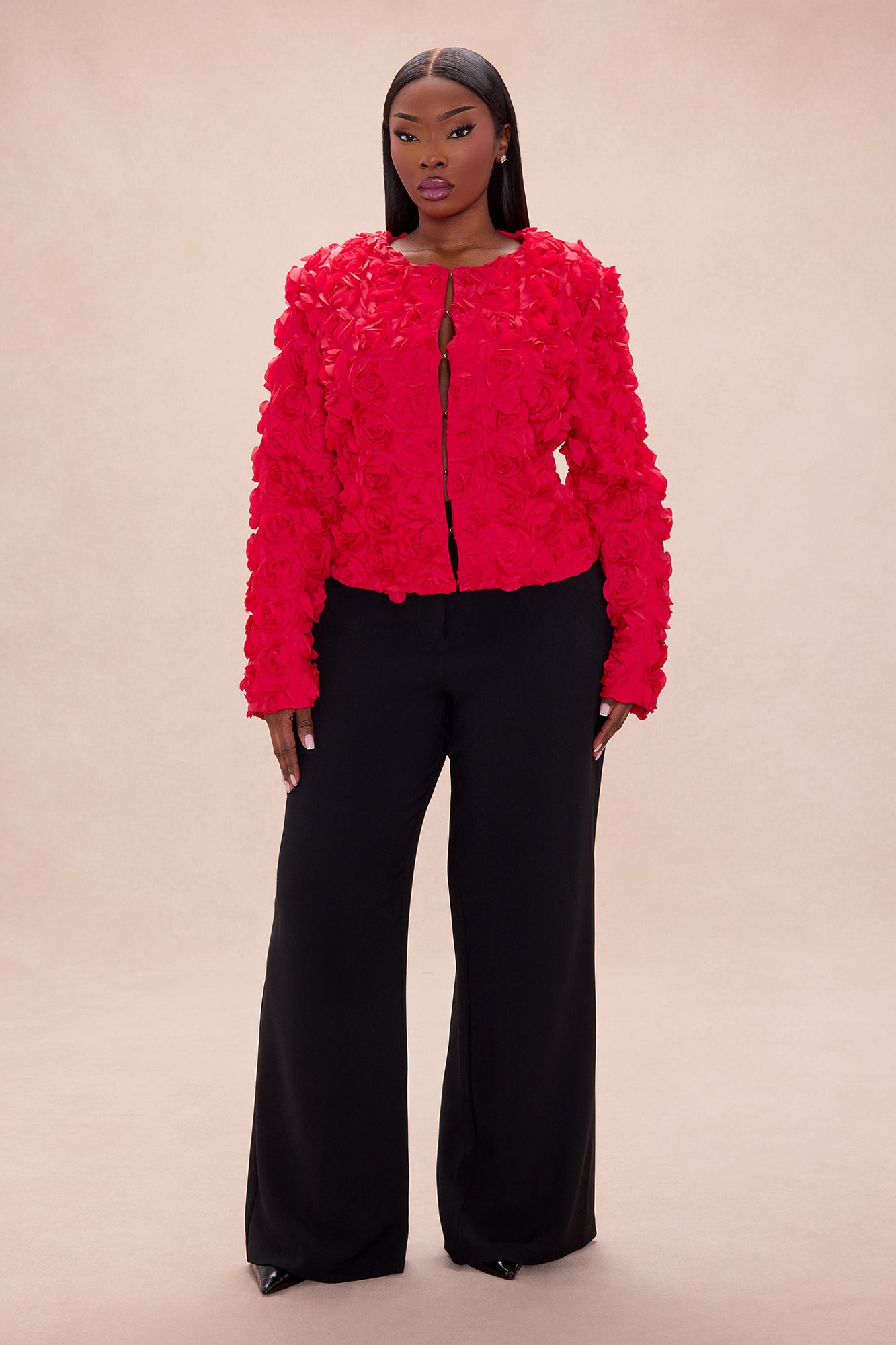Kimberly Floral Applique Cropped Jacket - Red