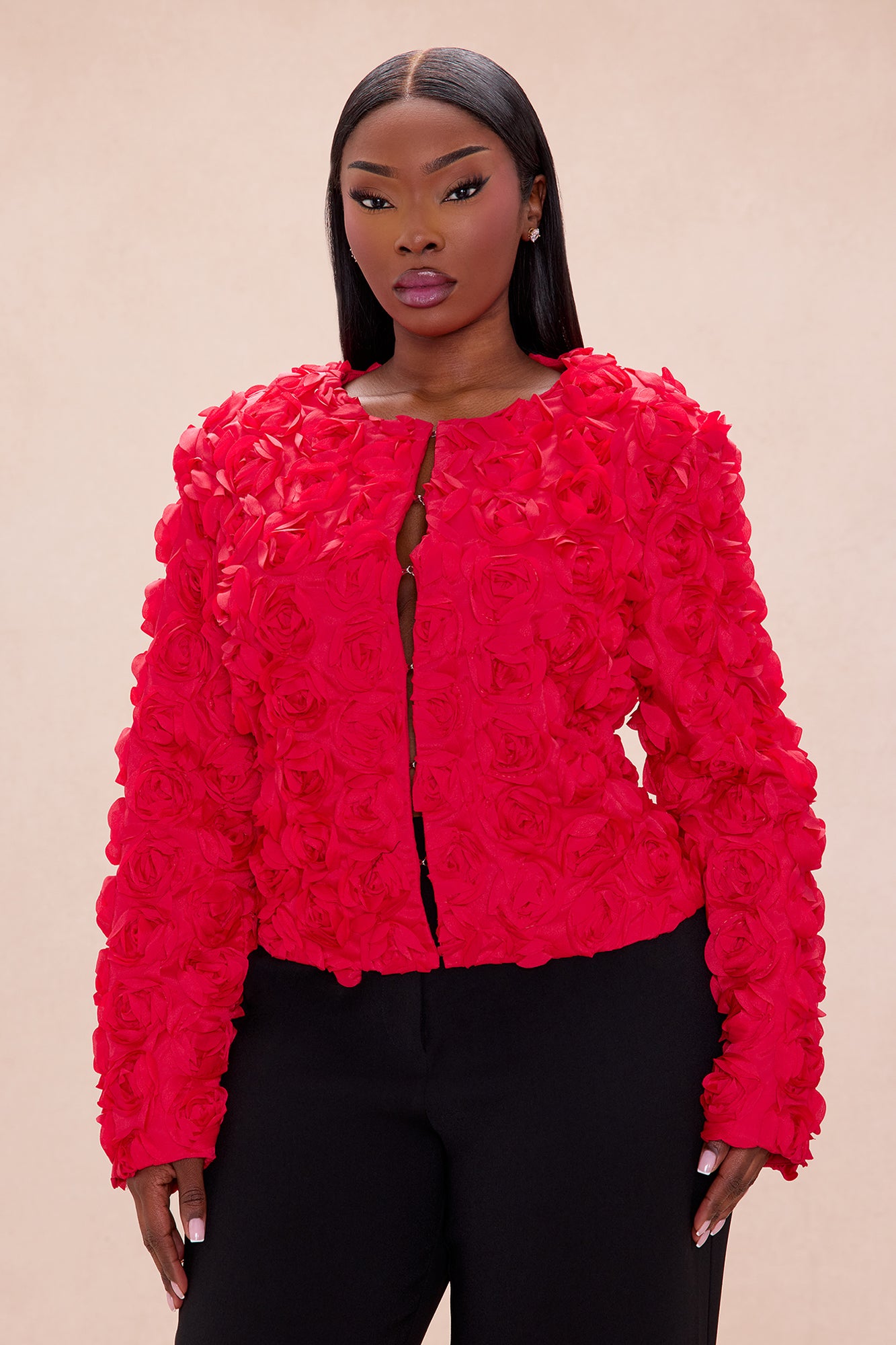 Kimberly Floral Applique Cropped Jacket - Red