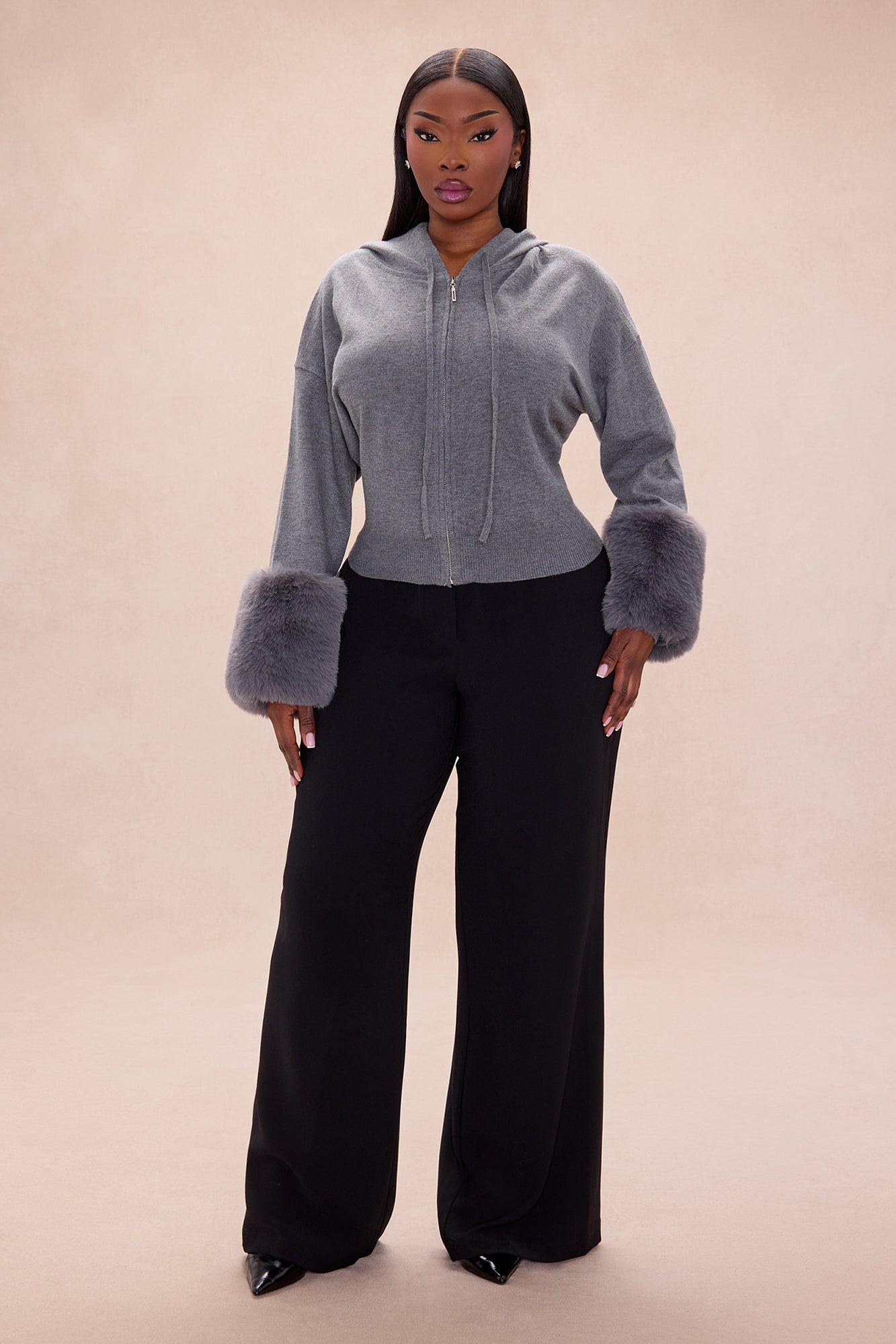 Keep Warm Fur Cuff Hoodie - Grey