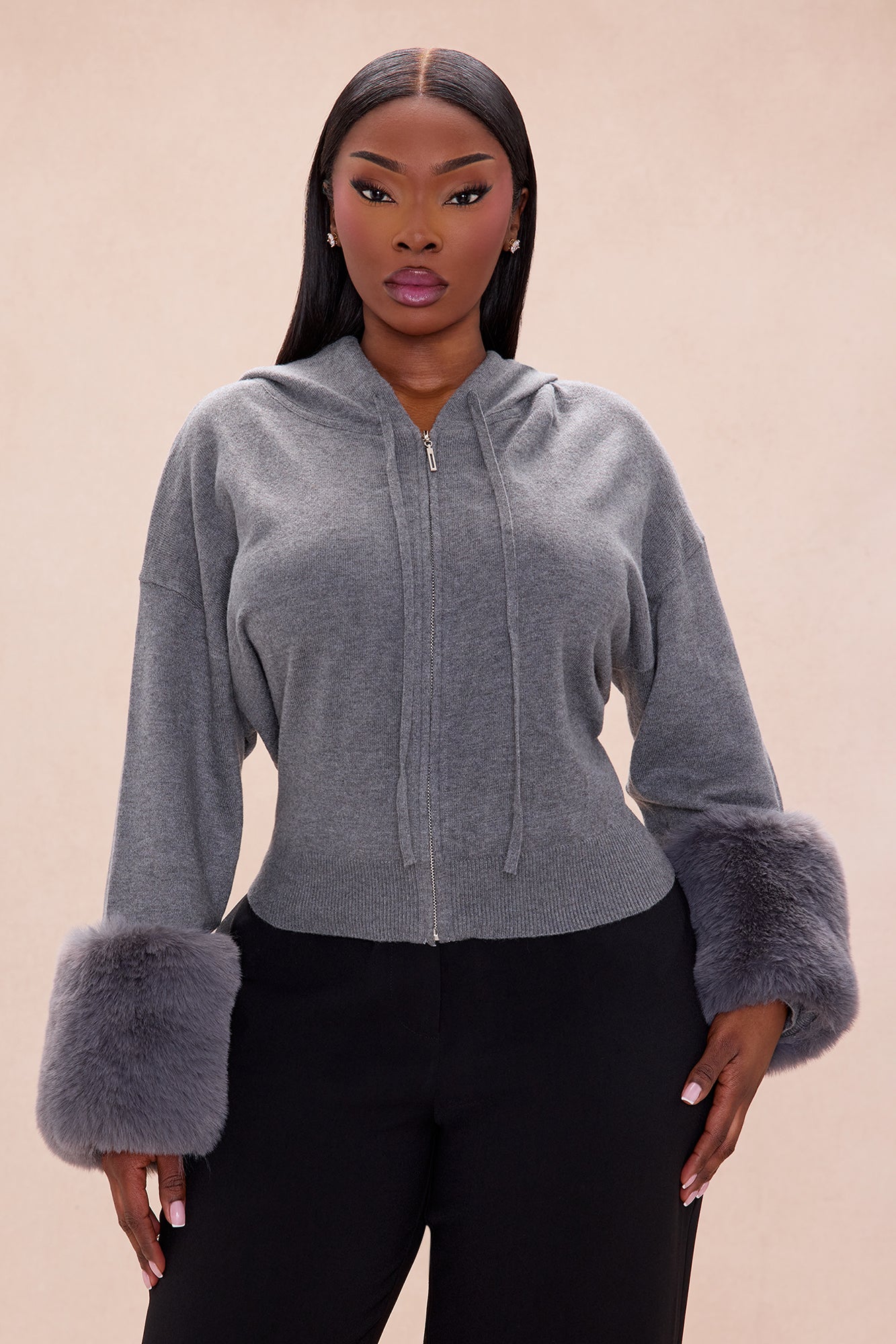 Keep Warm Fur Cuff Hoodie - Grey