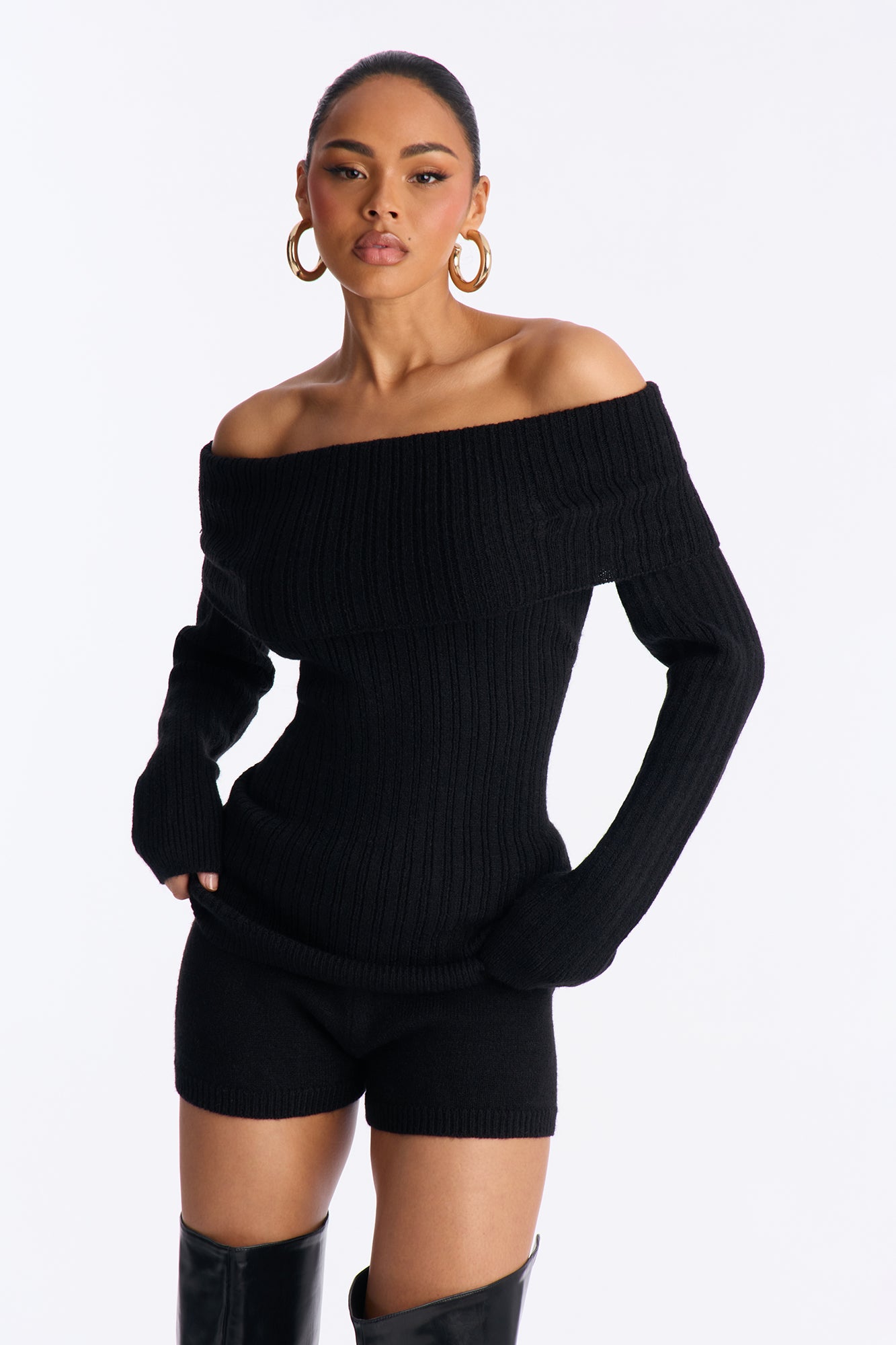 Parke Sweater Off Shoulder Micro Short Set - Black
