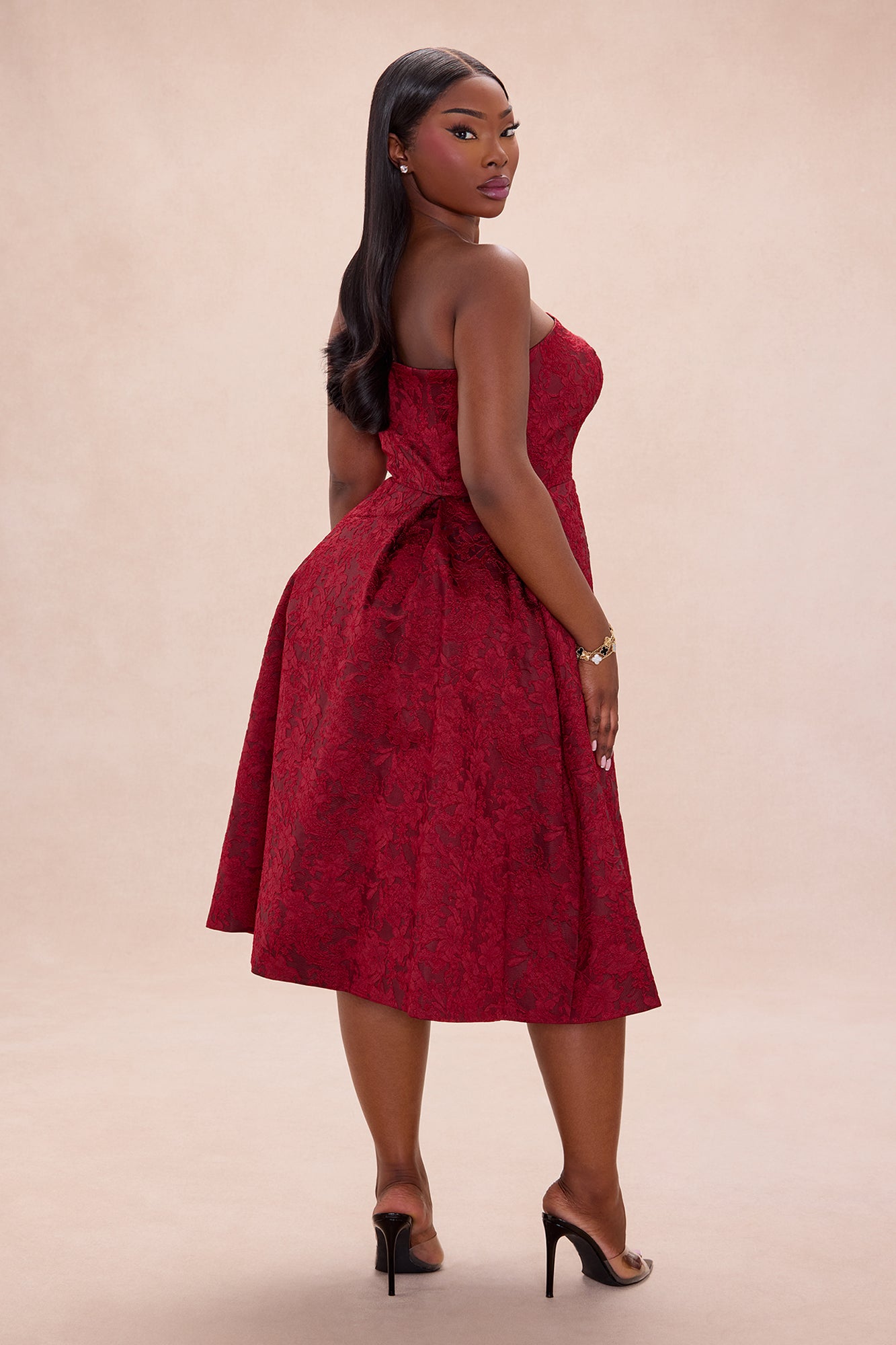 Ashlyn Strapless Jacquard Midi Dress - Wine