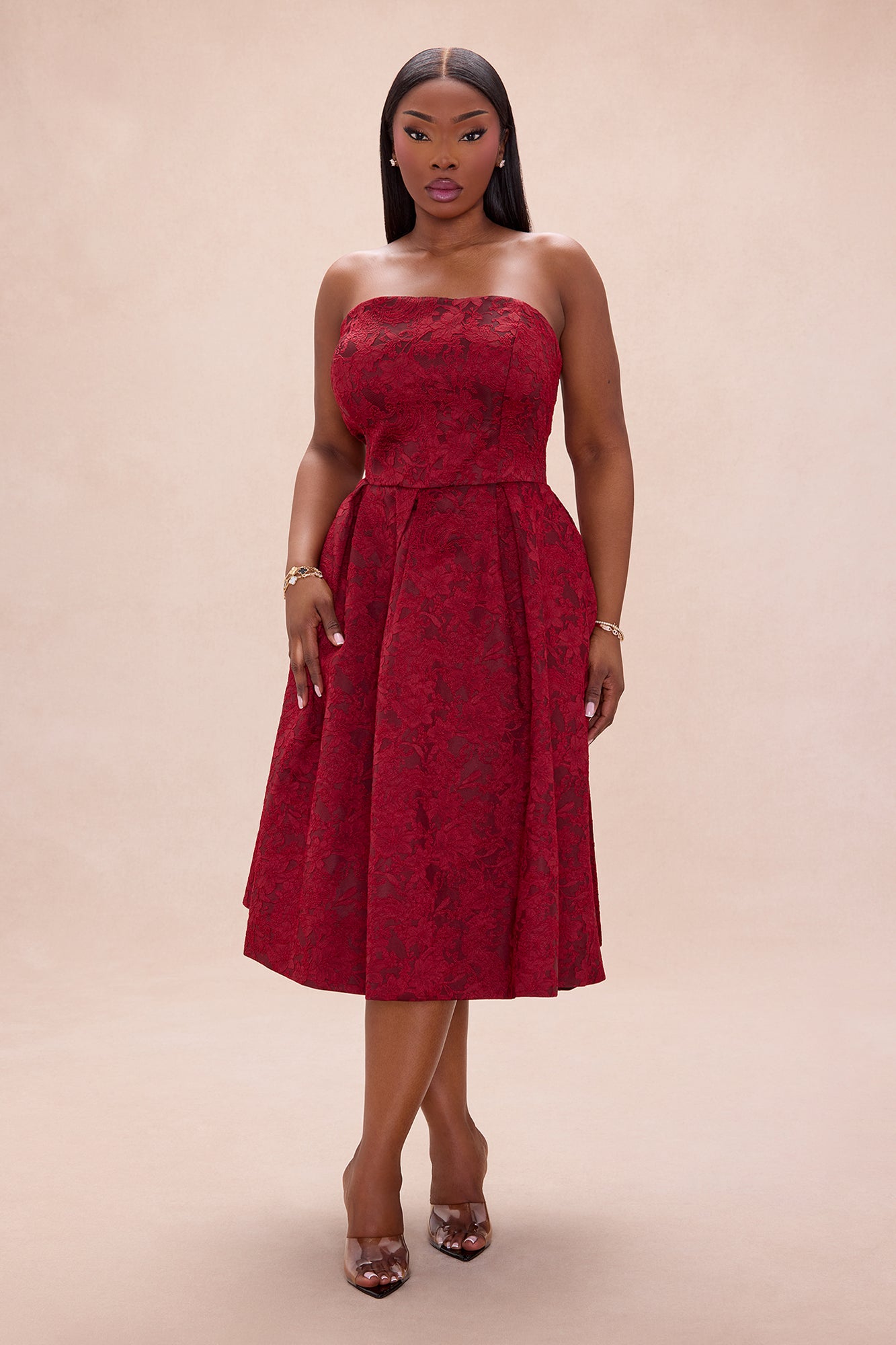 Ashlyn Strapless Jacquard Midi Dress - Wine