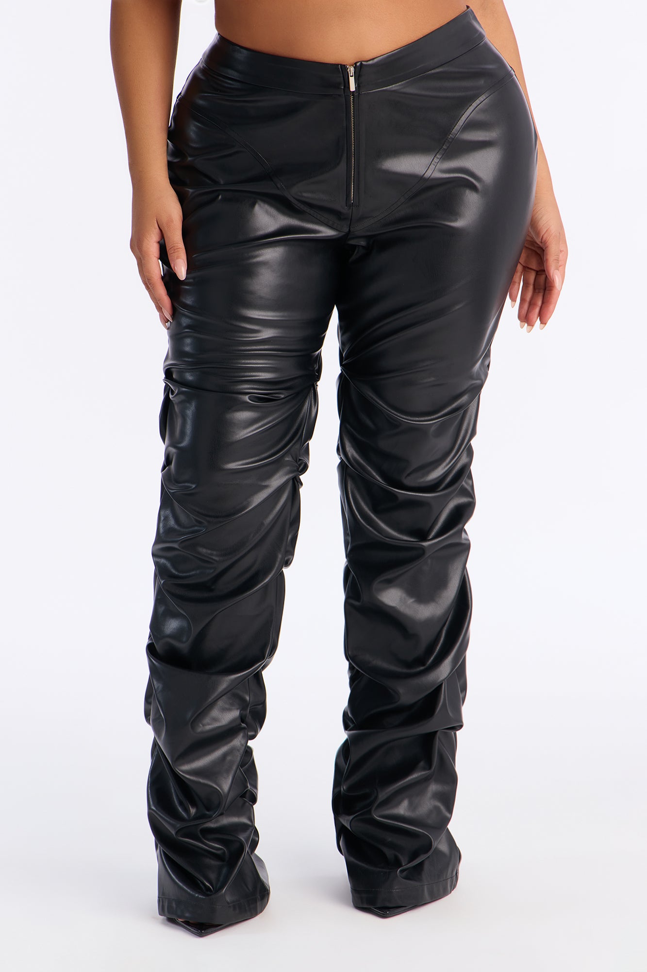 Kendra Faux Leather Stacked Pant - Black