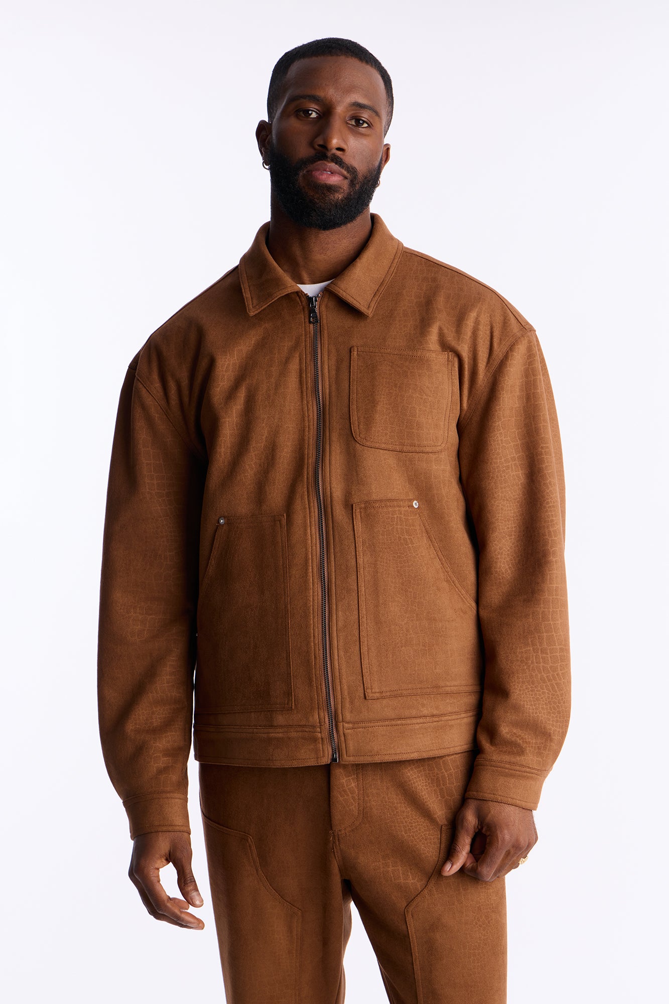 Matte Croc Faux Leather Jacket - Brown