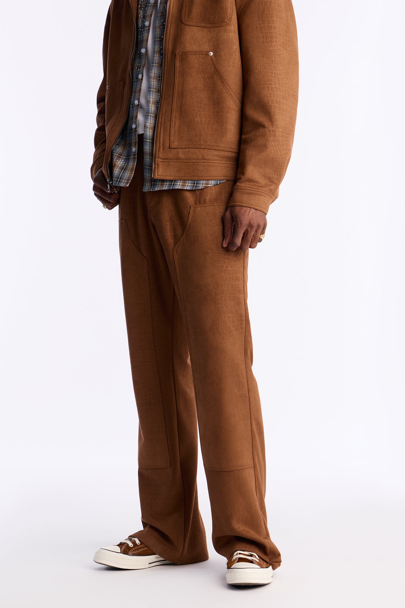 Stacked Slim Flare Matte Croc Leather Slit Pant - Brown