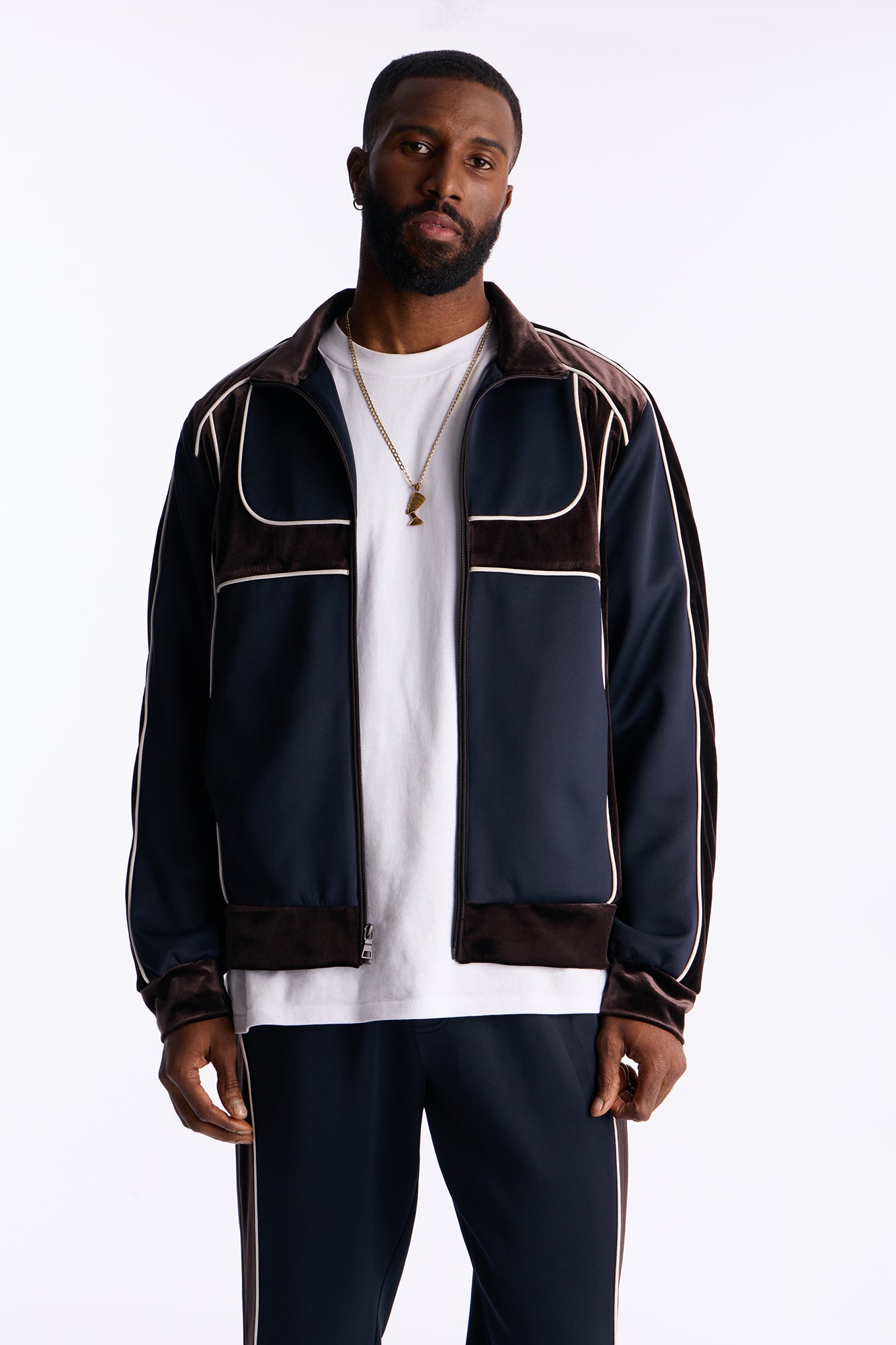 Relaxed Lexington Funnel Neck Velour Track Jacket - Navy