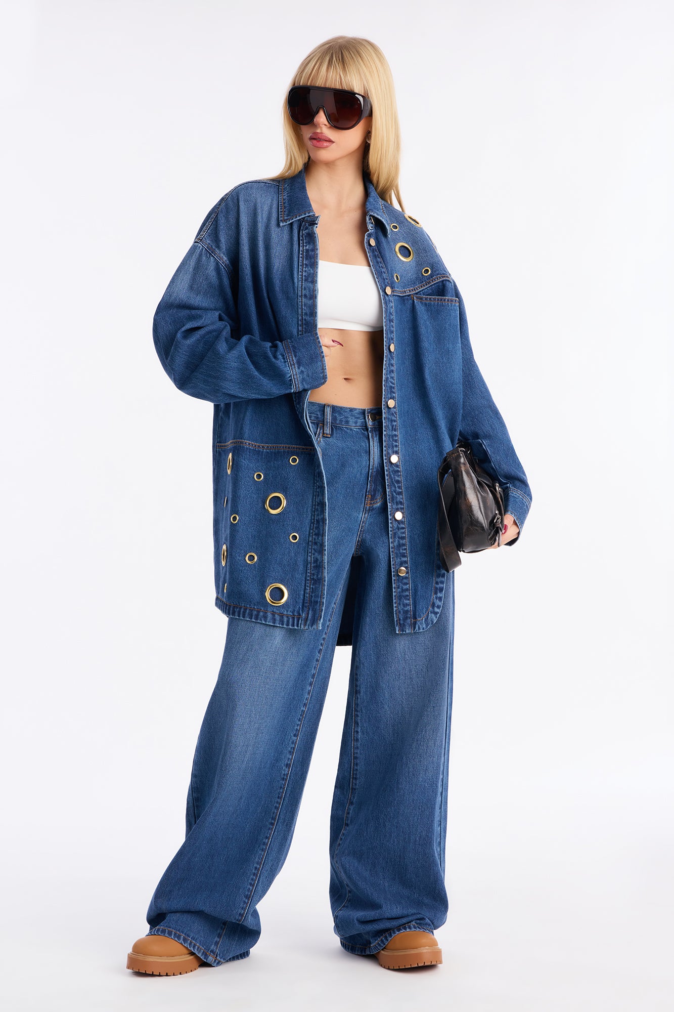 Farrah Denim Wide Leg Pant Set - Medium Wash