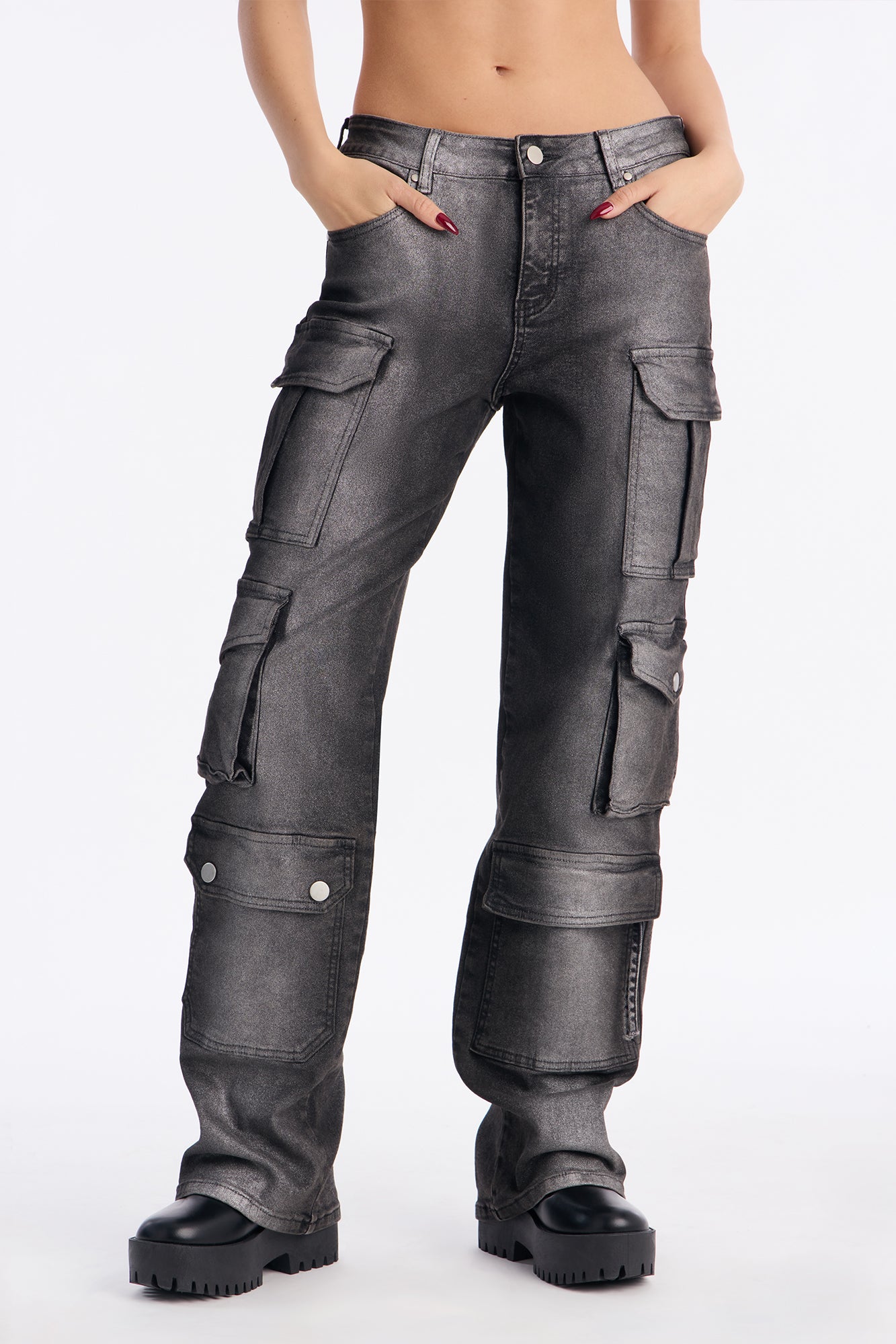 Glow Up Foil Cargo Straight Leg Jeans - Black/combo