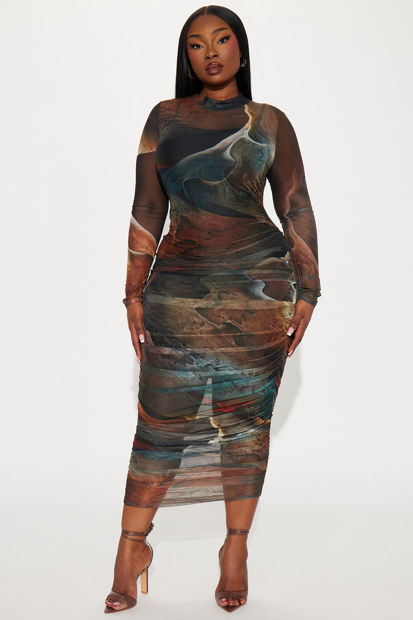 Bailey Mesh Midi Dress - Brown Combo
