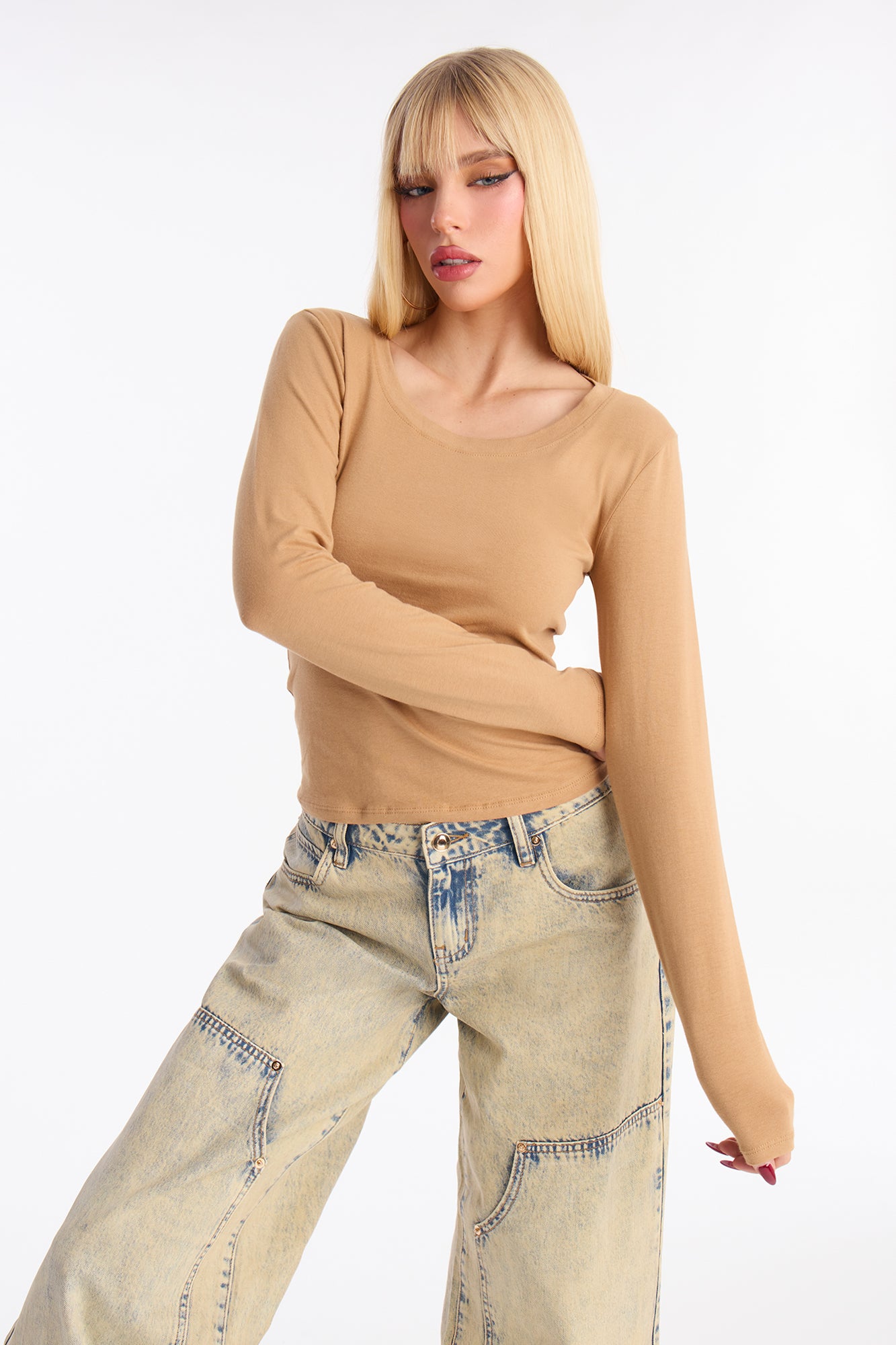 Elise Round Neck Long Sleeve Top - Camel