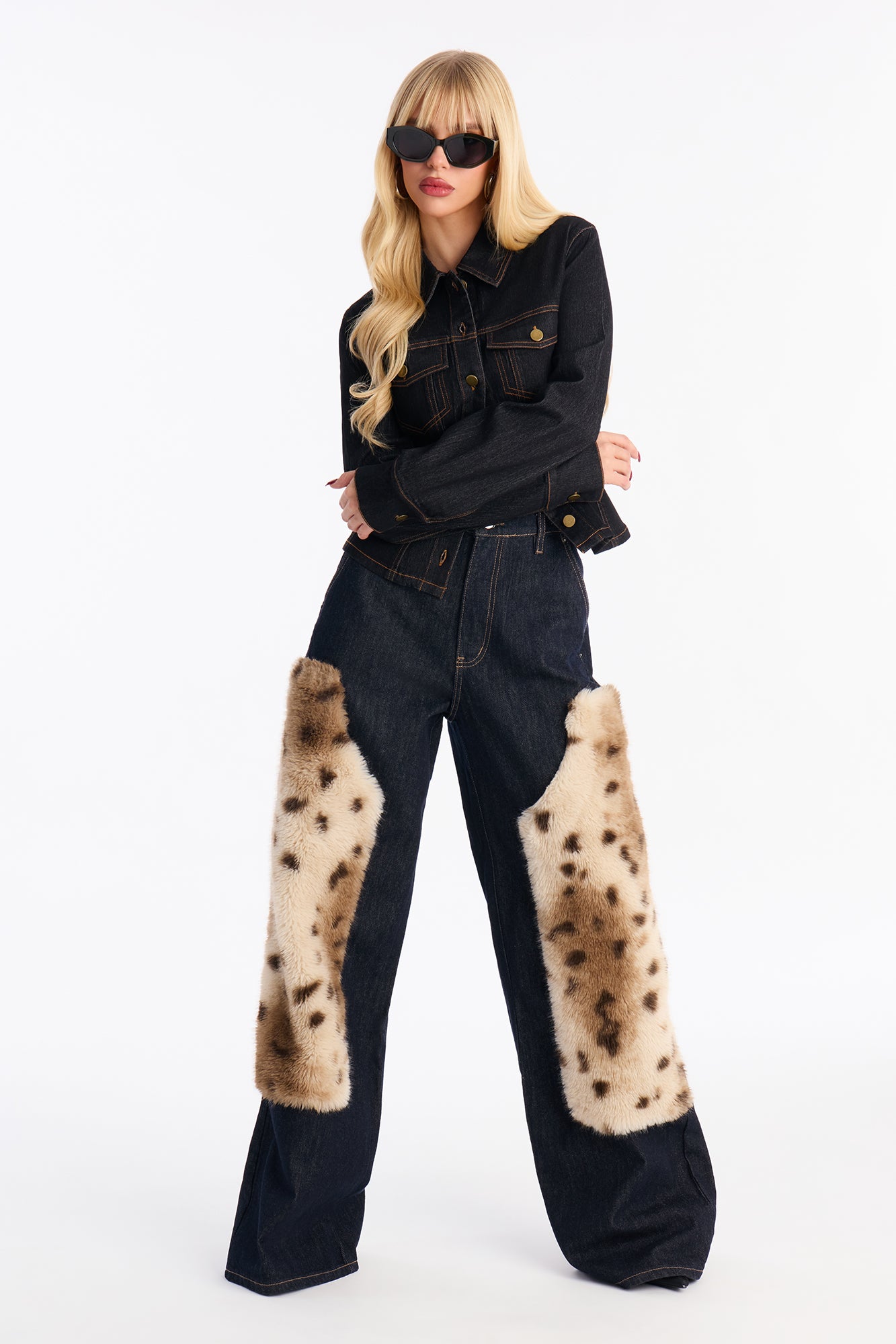 Chill & Relax Faux Fur Trim Jeans - Dark Denim