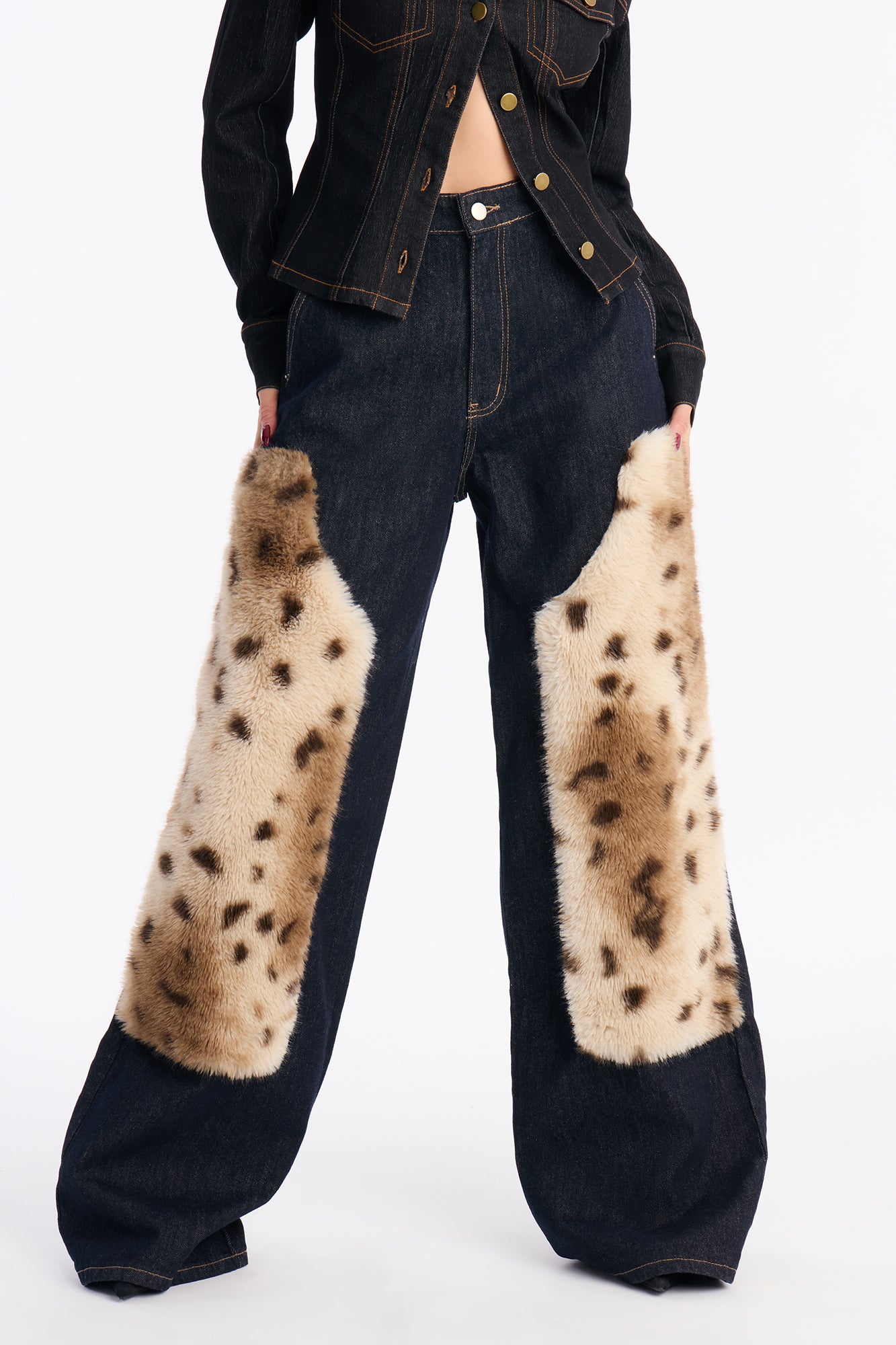 Chill & Relax Faux Fur Trim Jeans - Dark Denim