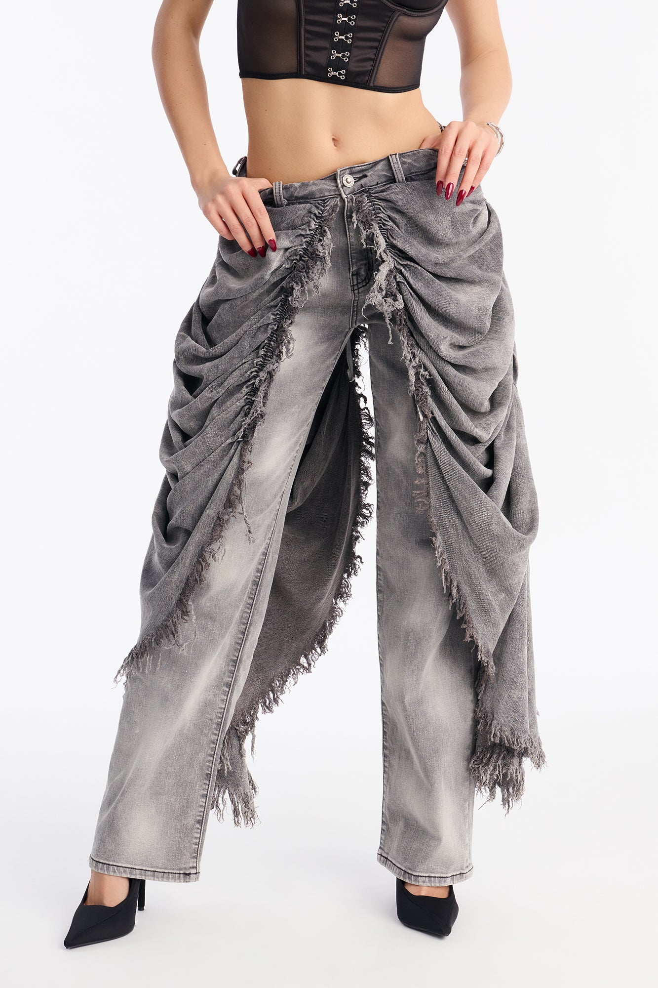 La Belle Skirt Overlay Straight Leg Jeans - Grey