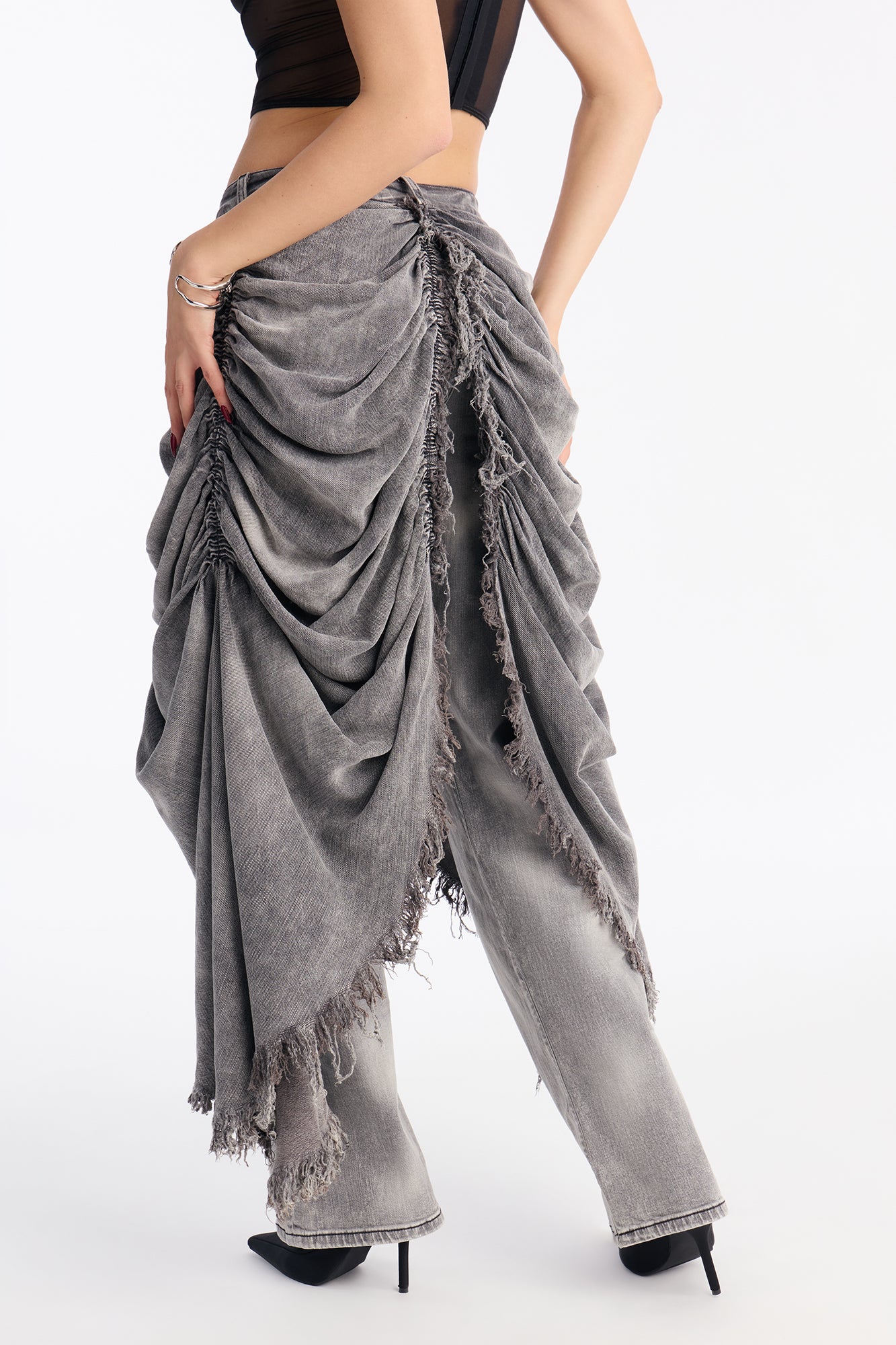 La Belle Skirt Overlay Straight Leg Jeans - Grey