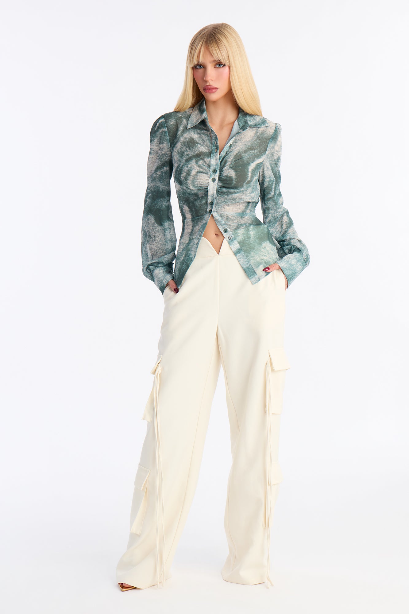 Taylor Chiffon Tie Back Long Sleeve Shirt - Green/combo
