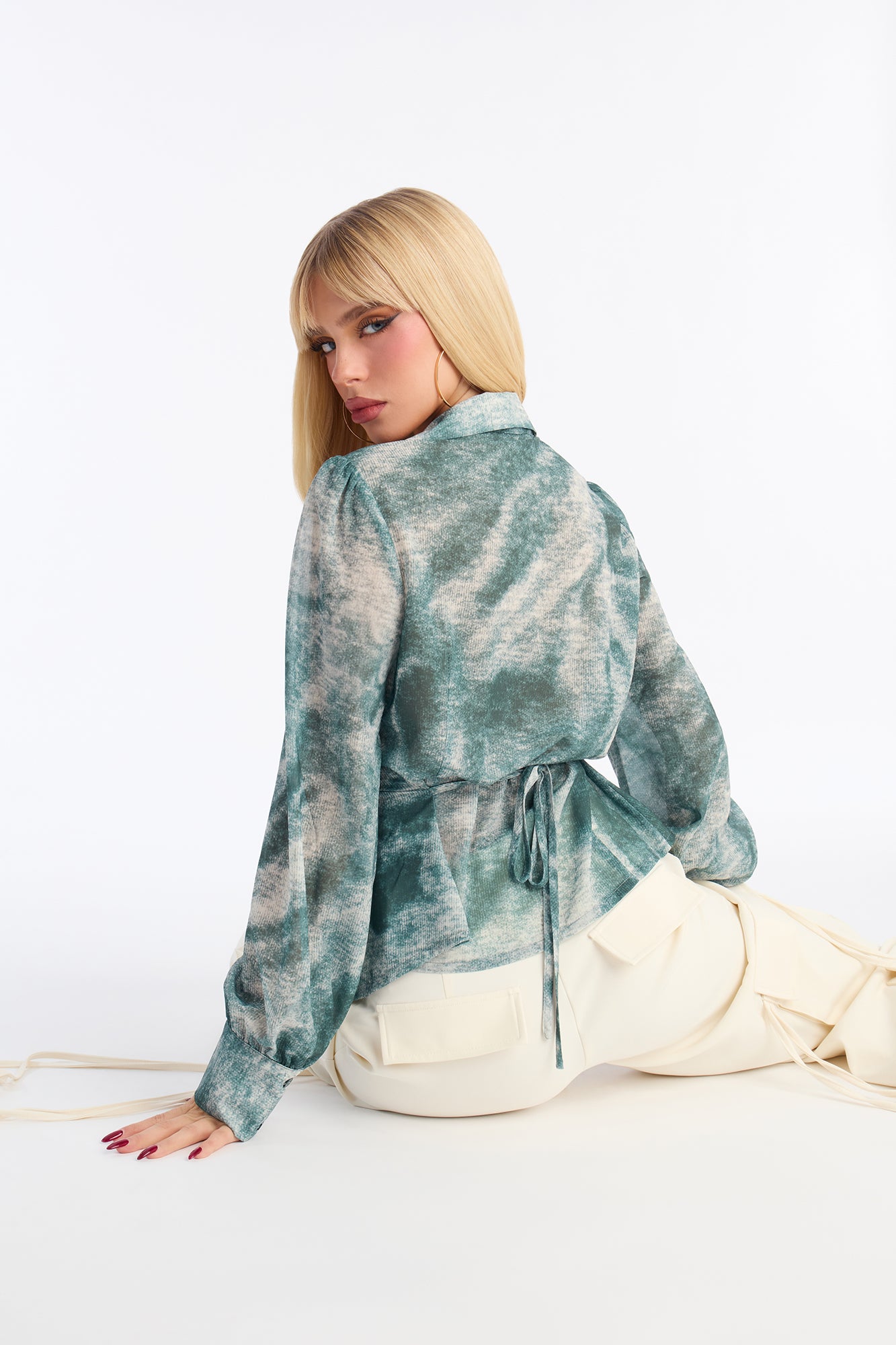 Taylor Chiffon Tie Back Long Sleeve Shirt - Green/combo