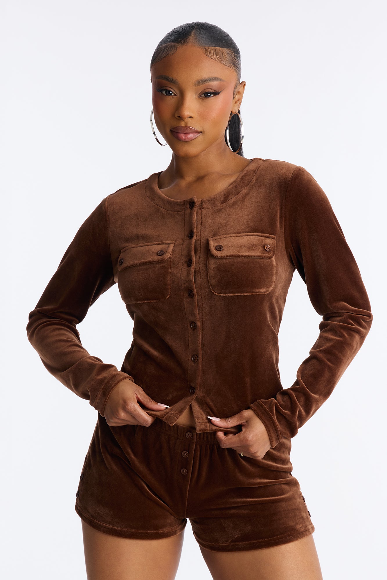 Low Key Velour Micro Short Set - Chocolate