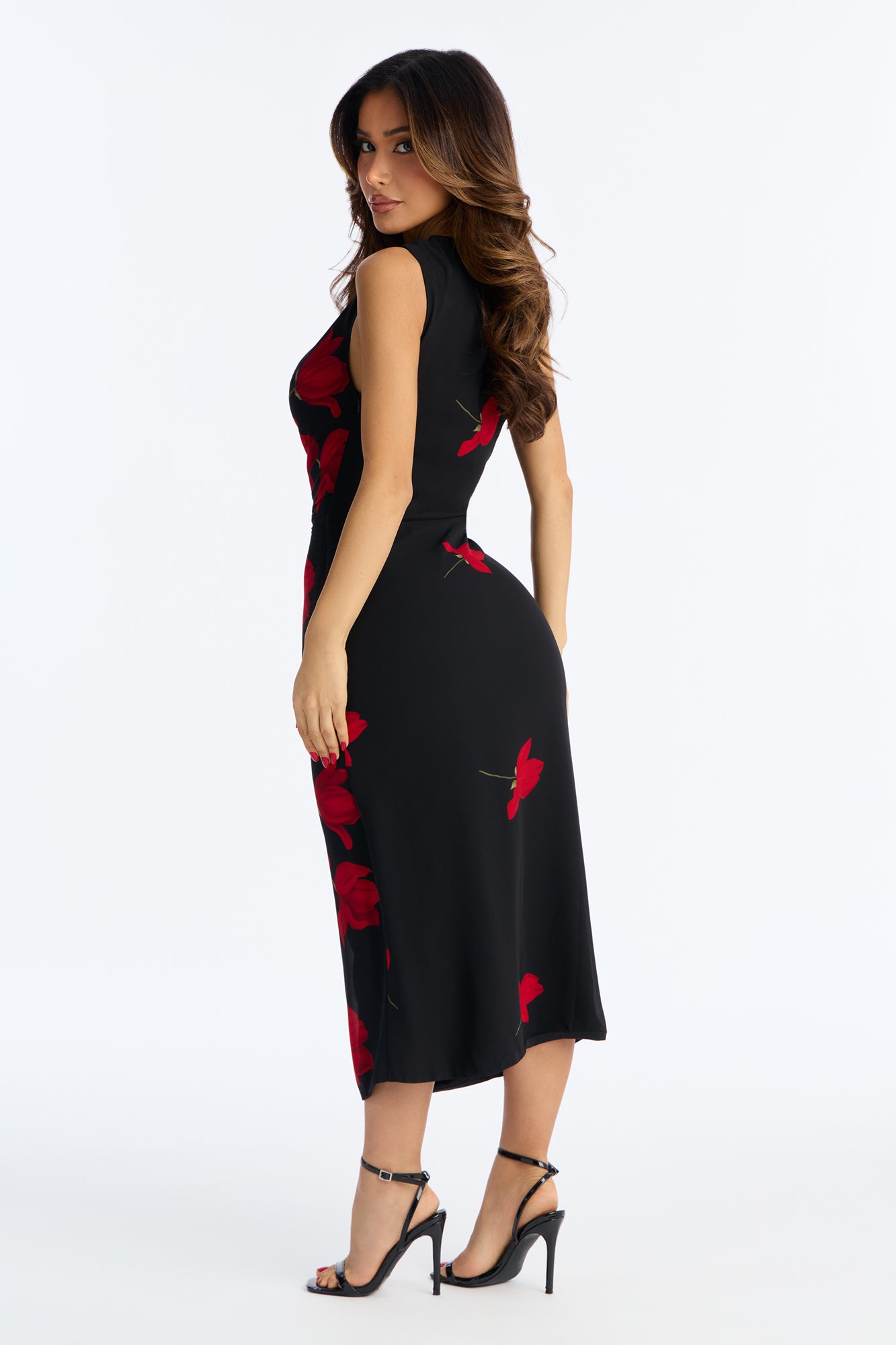 Adriana Floral Chiffon Midi Dress - Black/Red