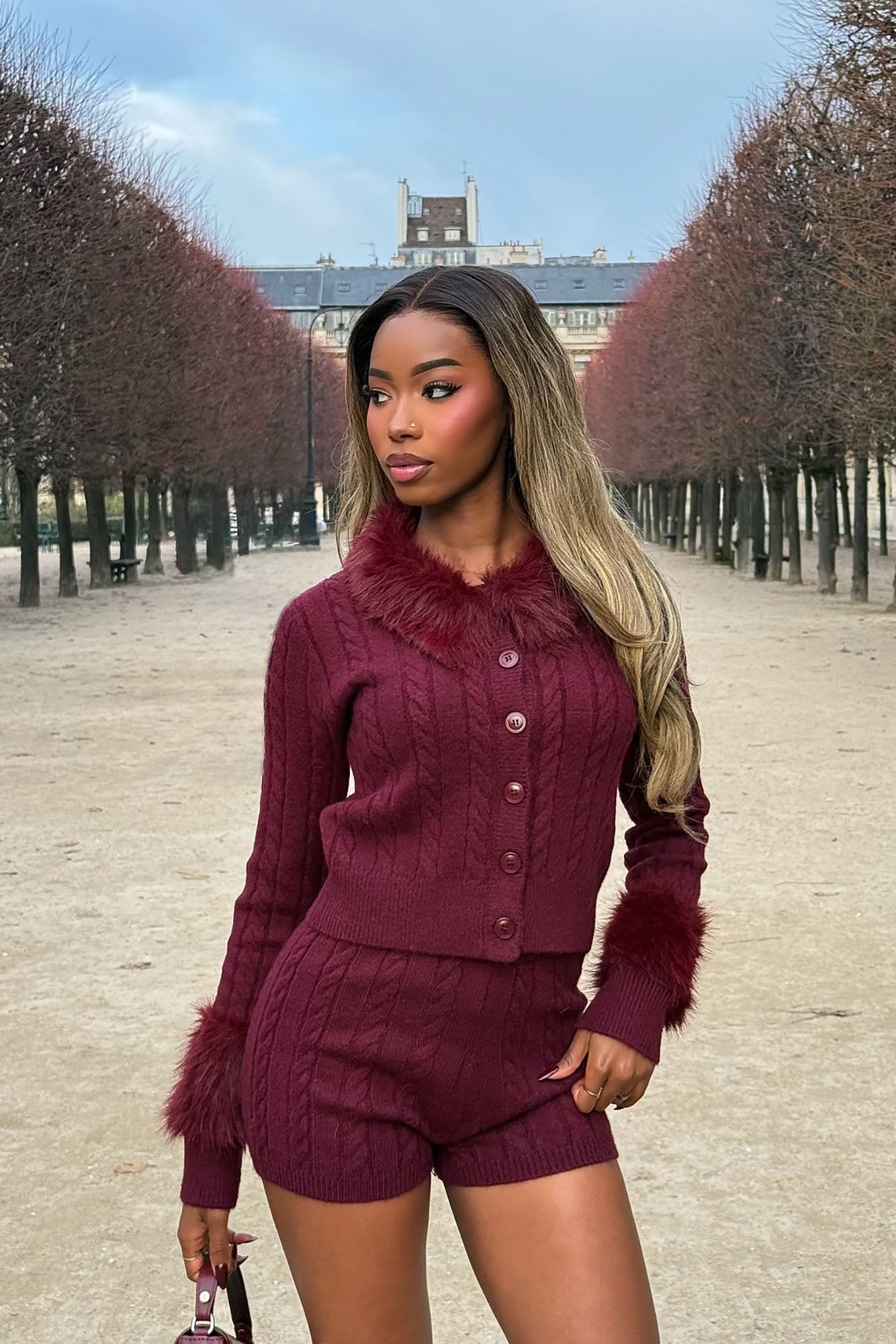 Ravyn Faux Fur Sweater Short Set - Burgundy