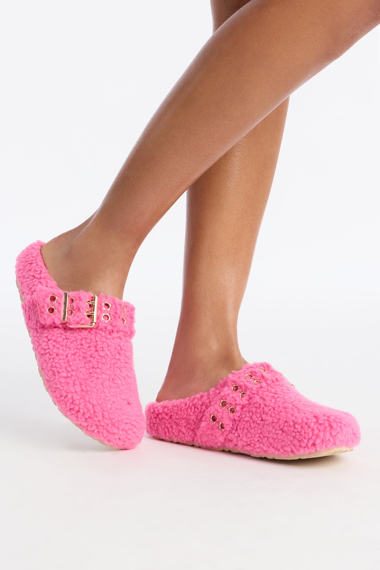 Collie Buckle Sherpa Flats - Pink