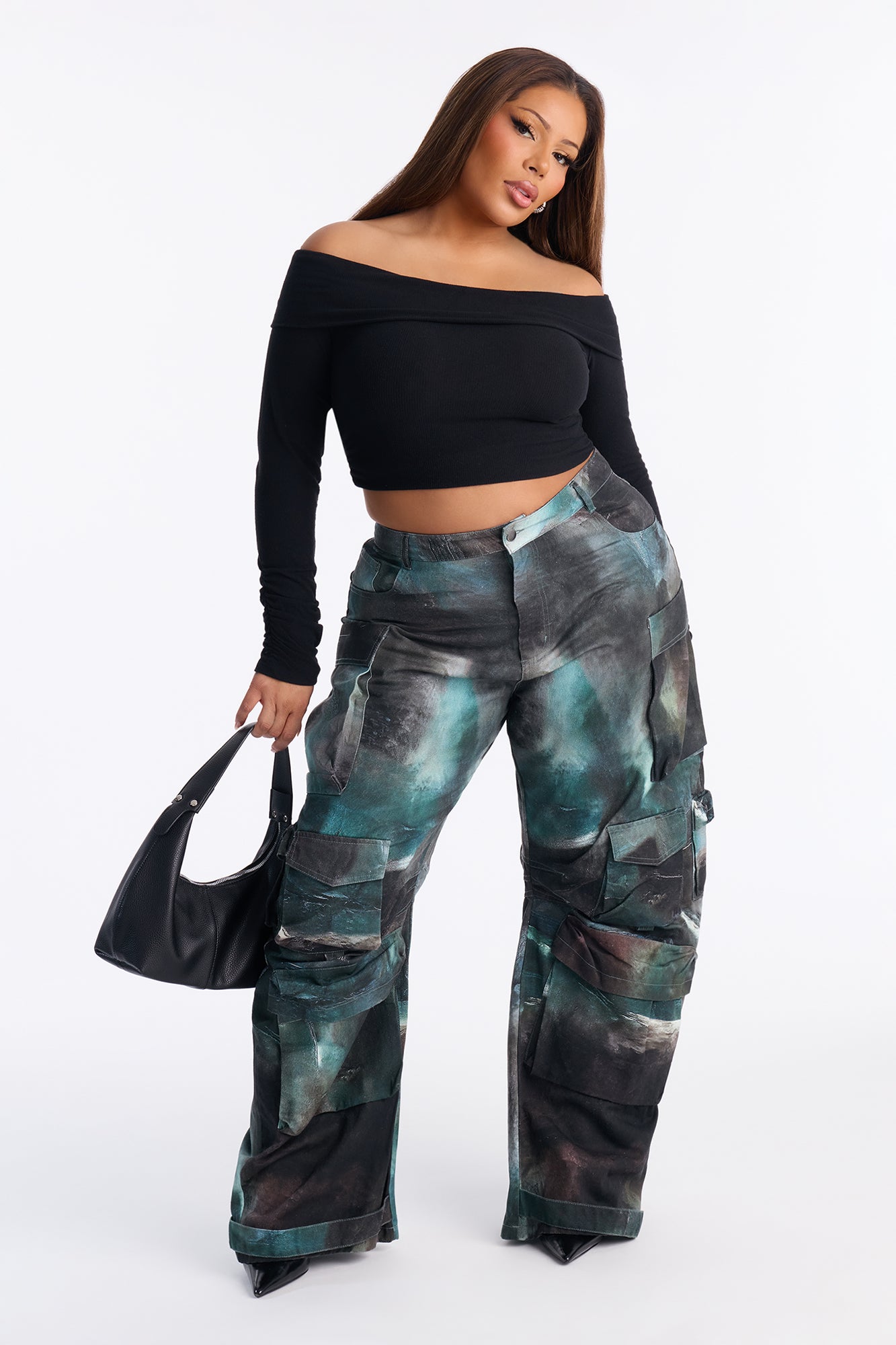 Alba Cargo Wide Leg Low Rise Pant 32″ - Green/combo