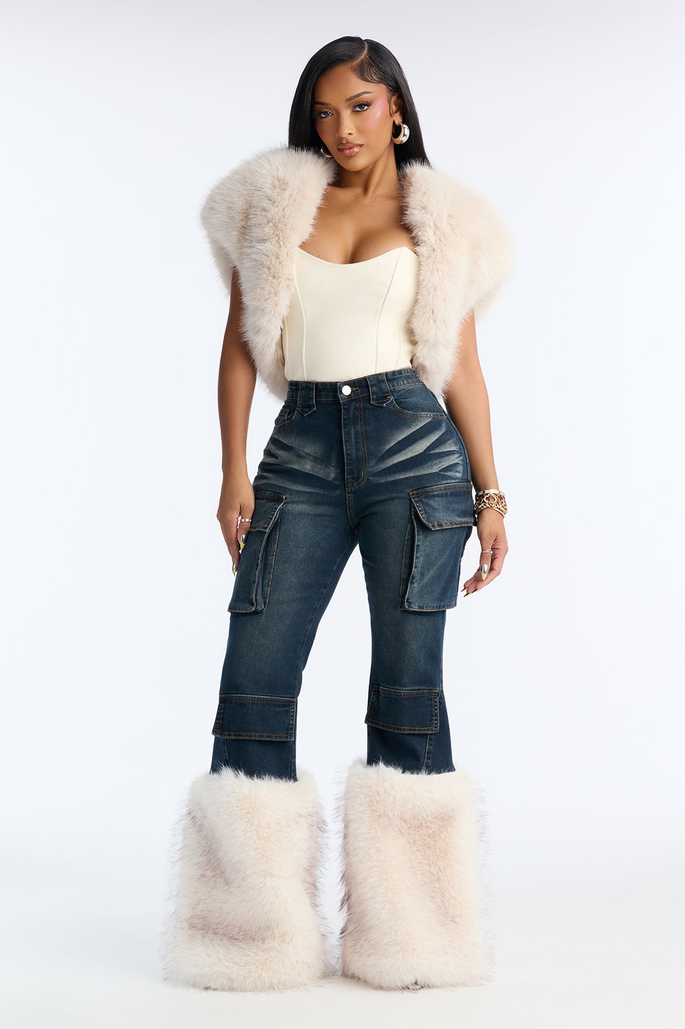 Keep It Tight Tinted Faux Fur Cargo Flare Jeans - Dark Wash