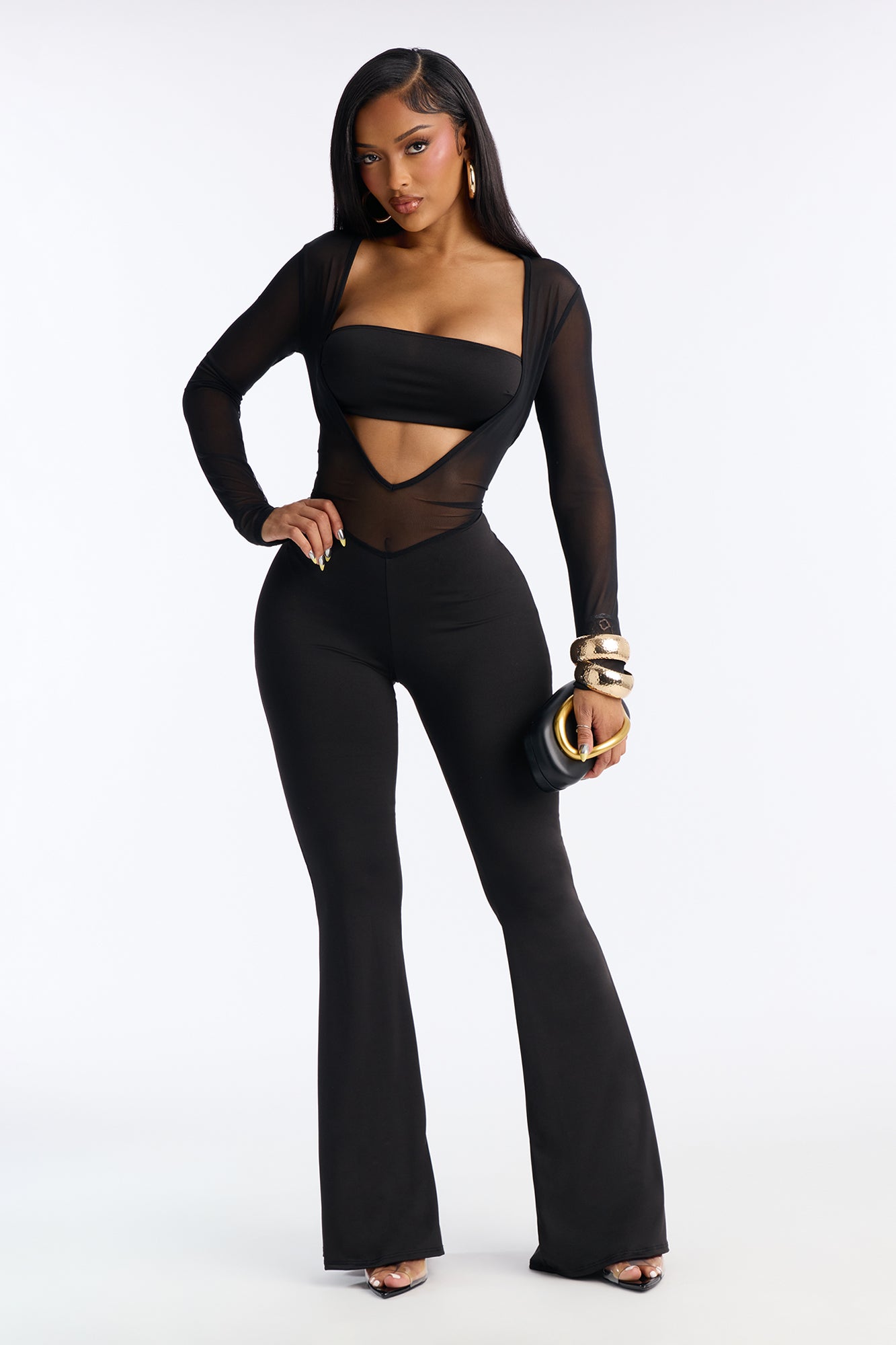 Iliana Mesh Cutout 2 Piece Jumpsuit Set - Black