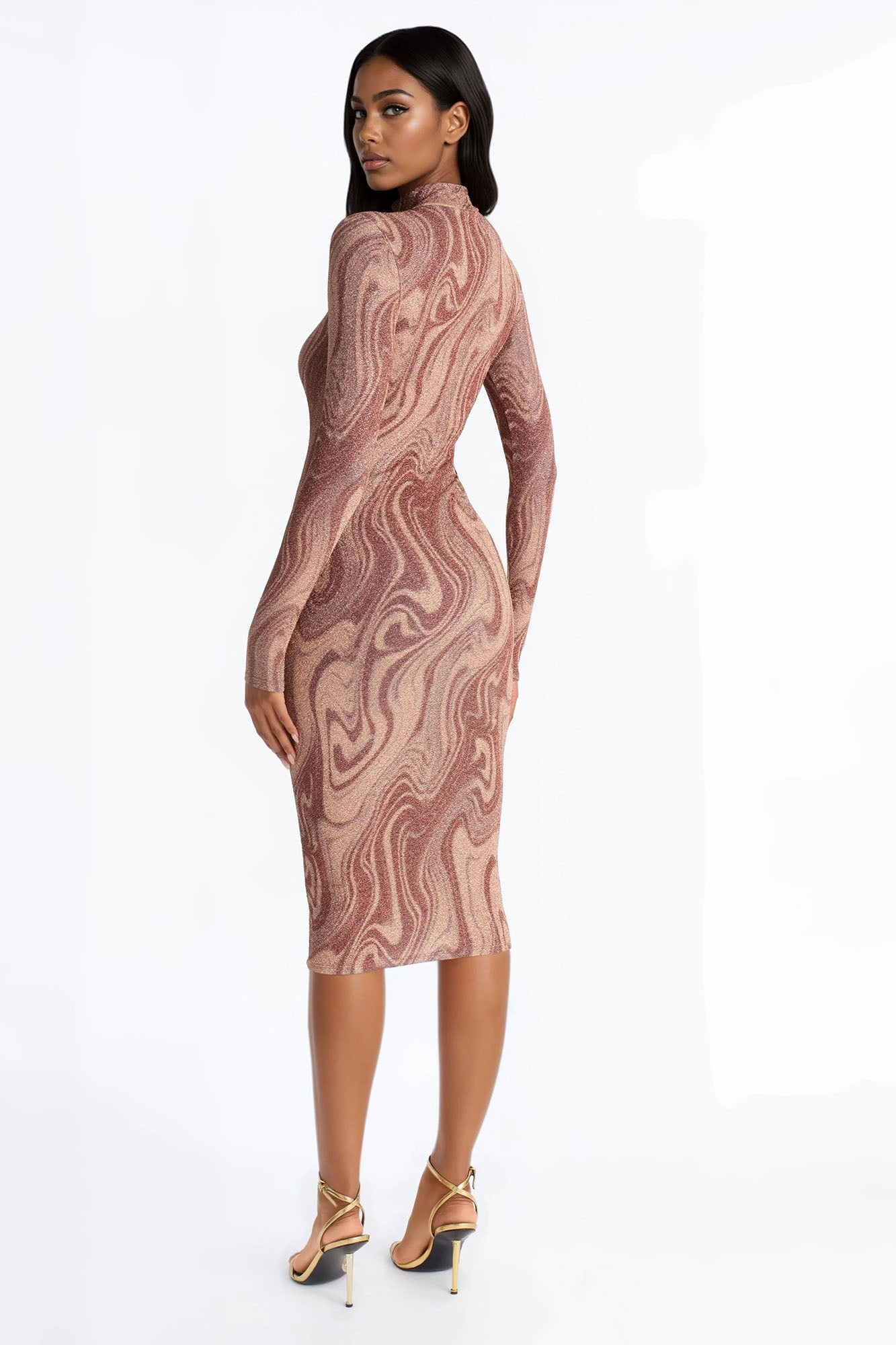 Mandy Long Sleeve Metallic Midi Dress - Bronze