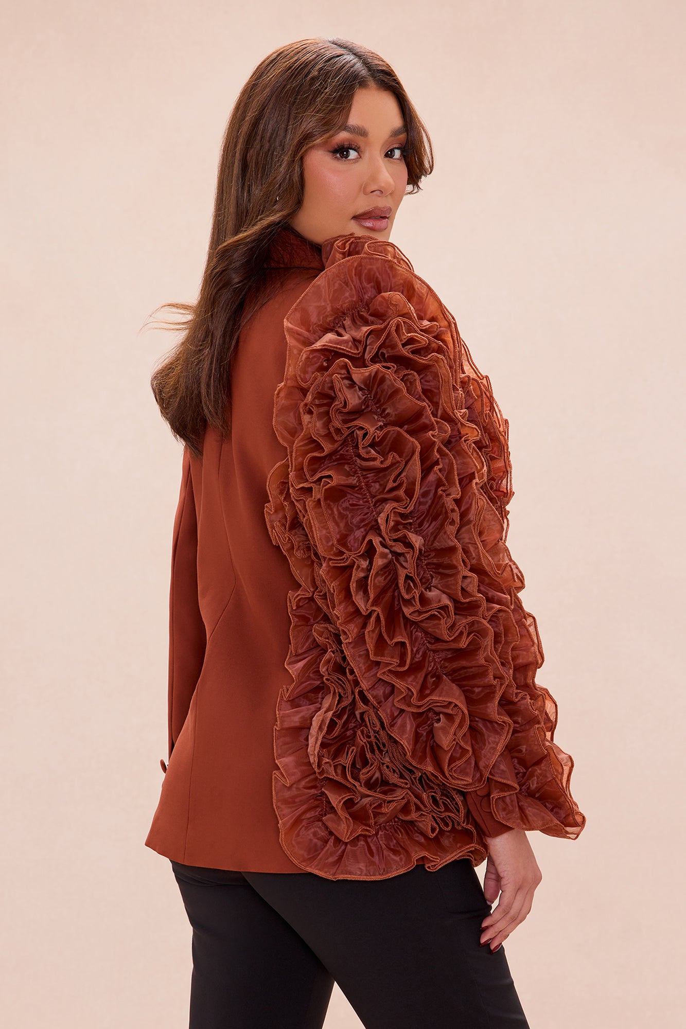 Camellia Ruffle Blazer - Brown