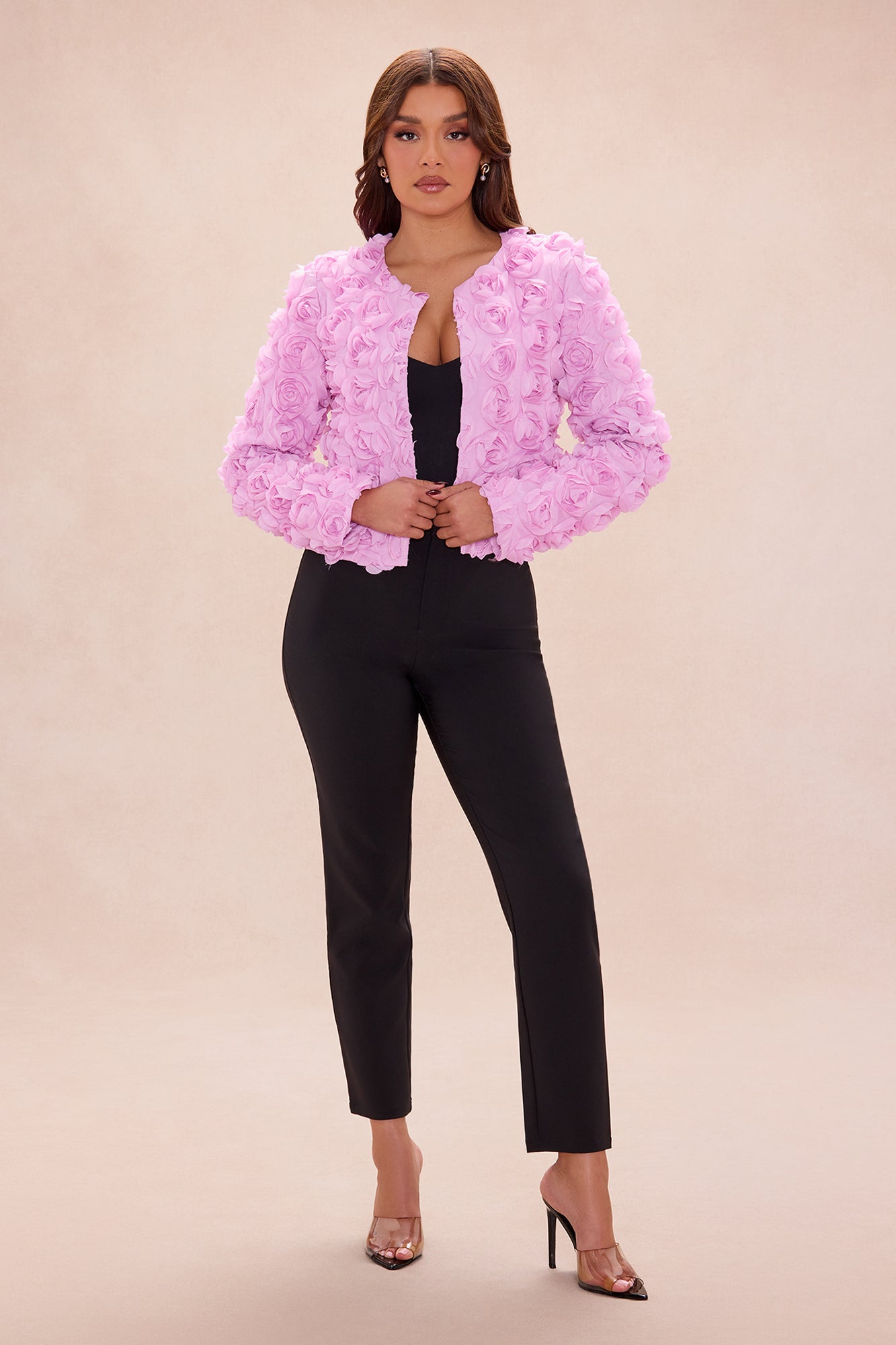 Kimberly Floral Applique Cropped Jacket - Pink