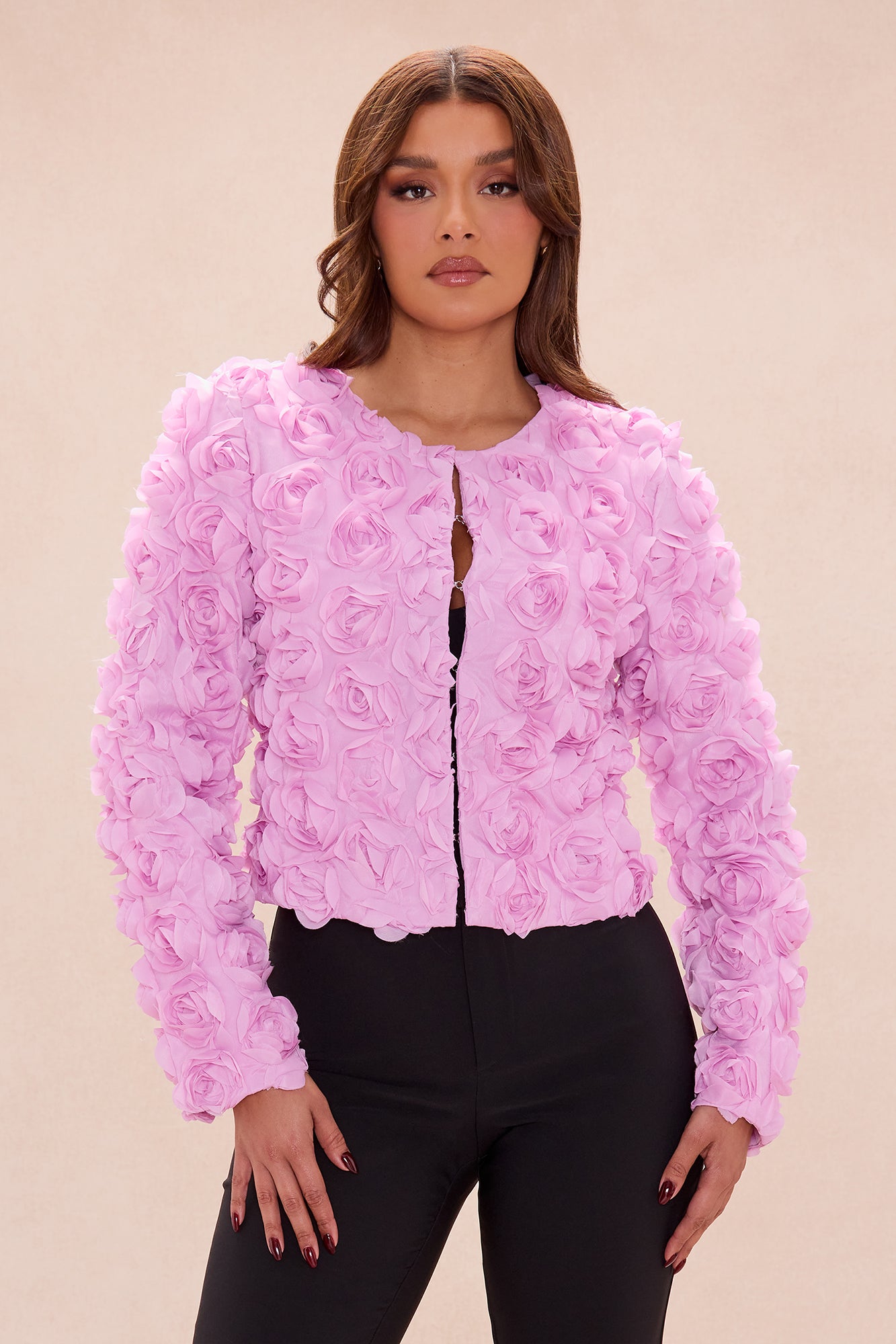 Kimberly Floral Applique Cropped Jacket - Pink