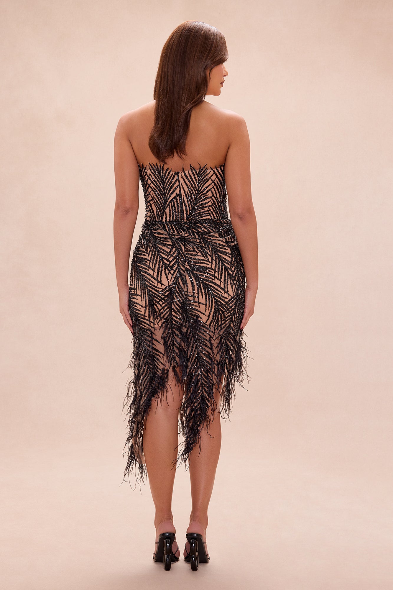 Camille Feathered Embellished Midi Dress - Black