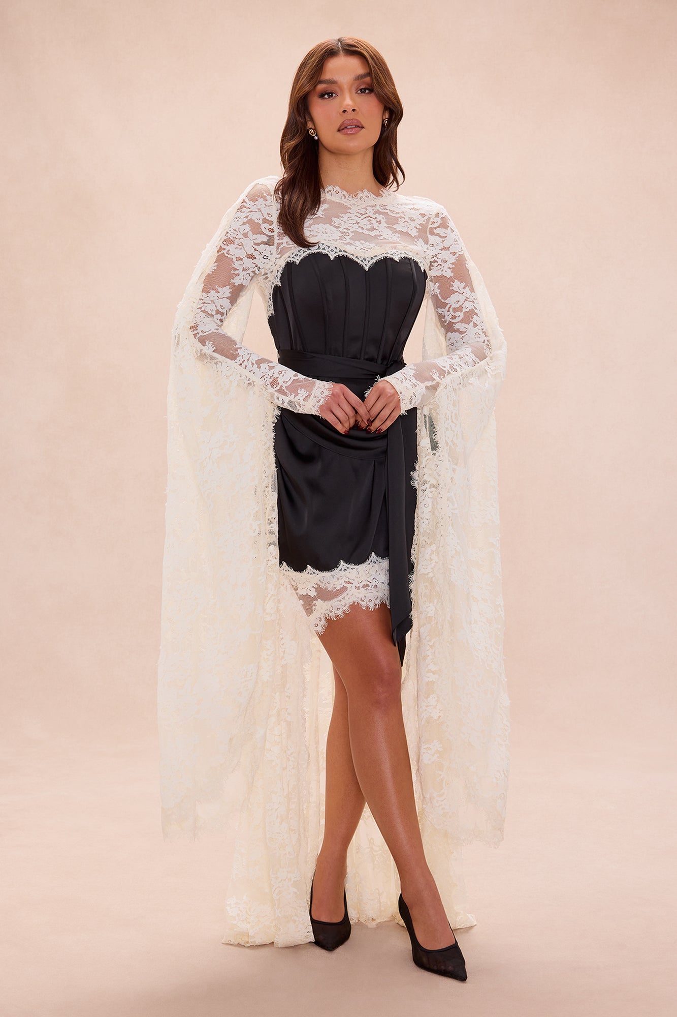 Amelia Satin Lace Mini Dress - Black