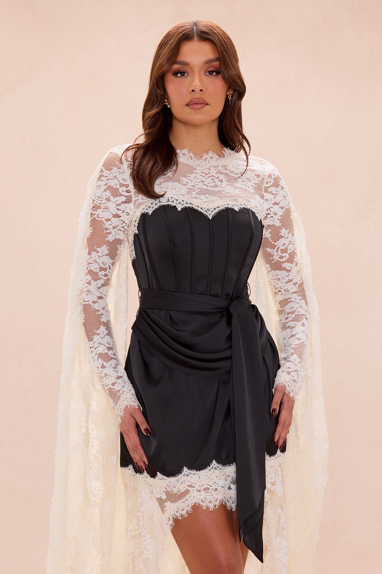 Amelia Satin Lace Mini Dress - Black