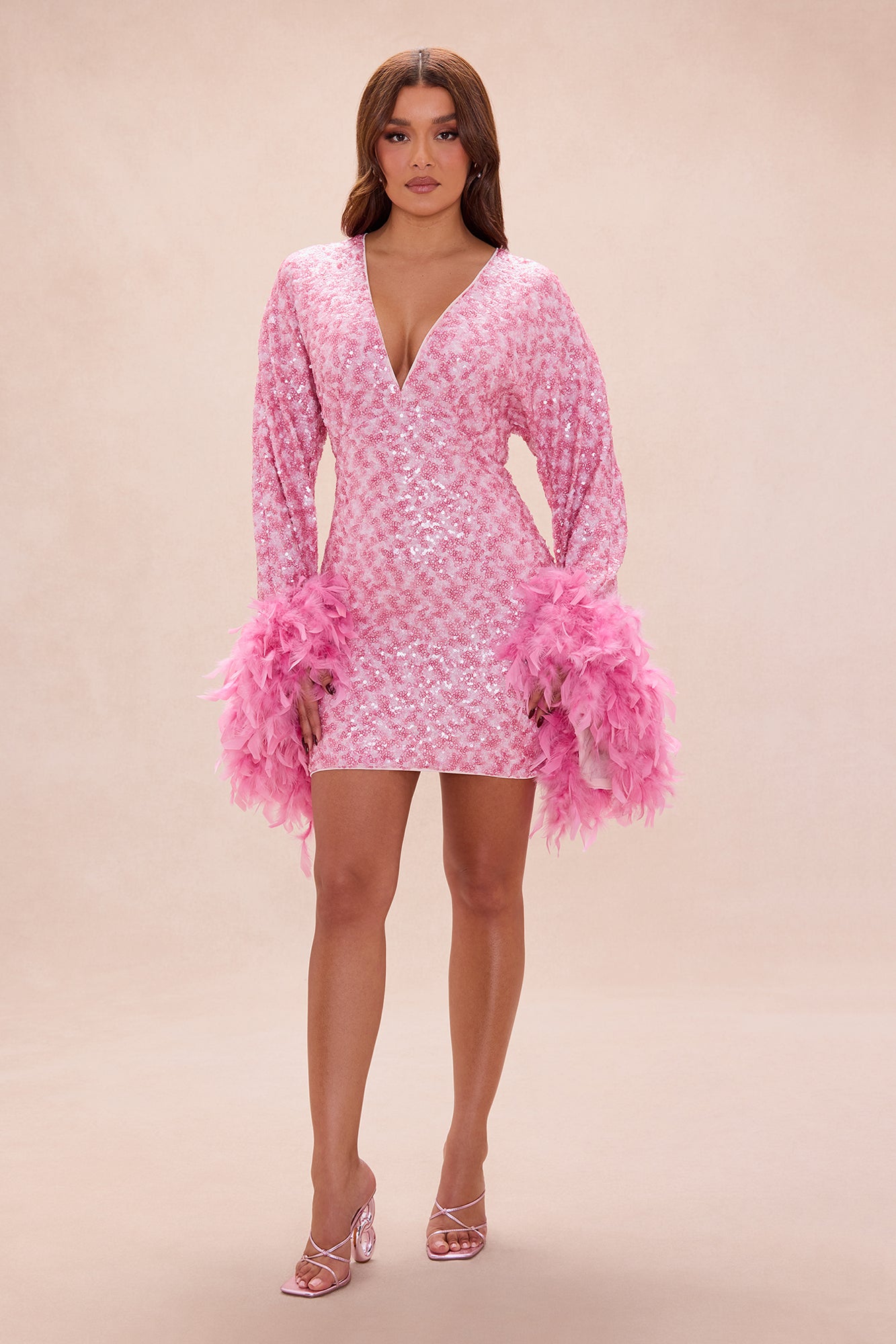 Opal Dreams Feathered Sequin Mini Dress - Pink
