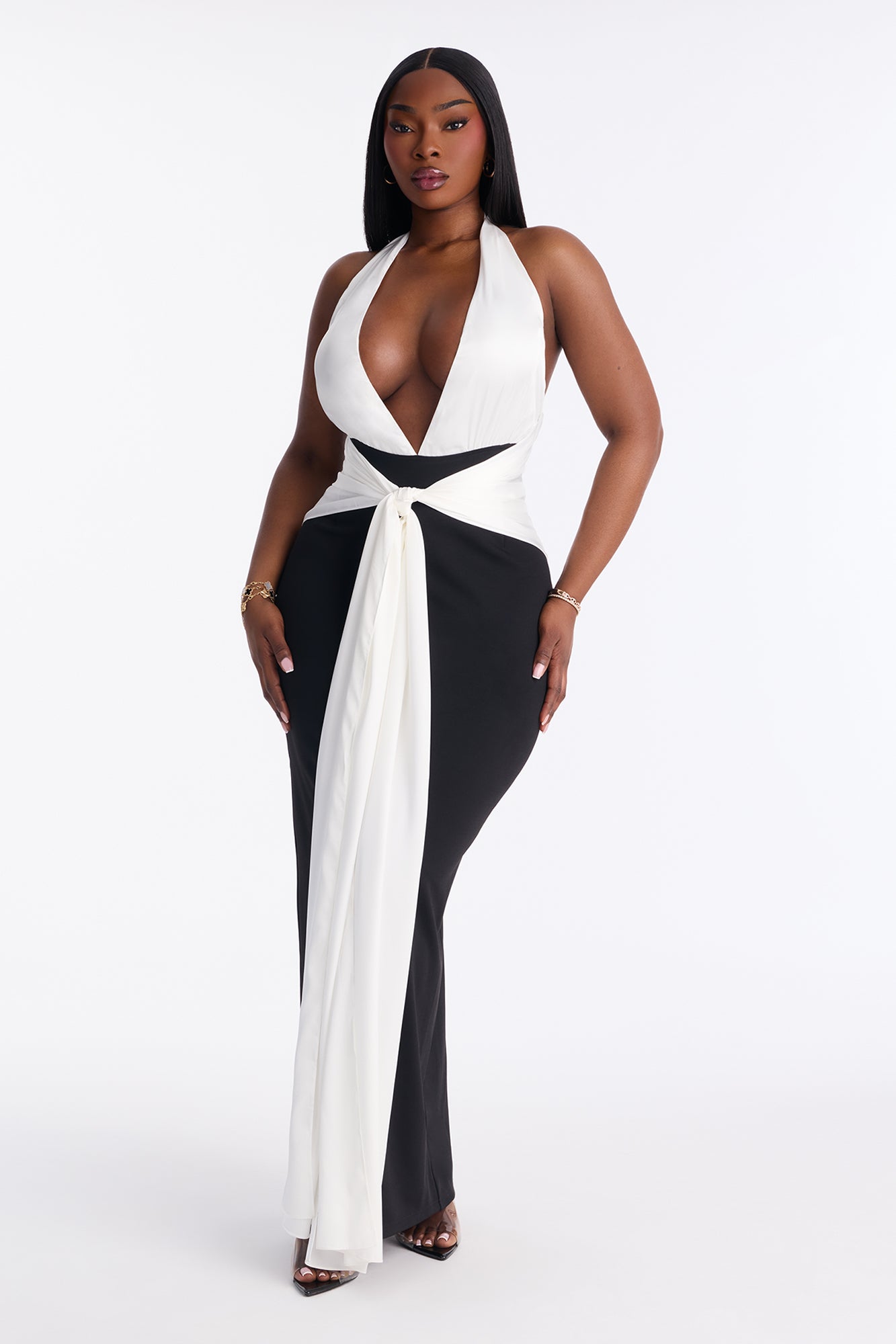Solene Halter Drape Gown - Black/White