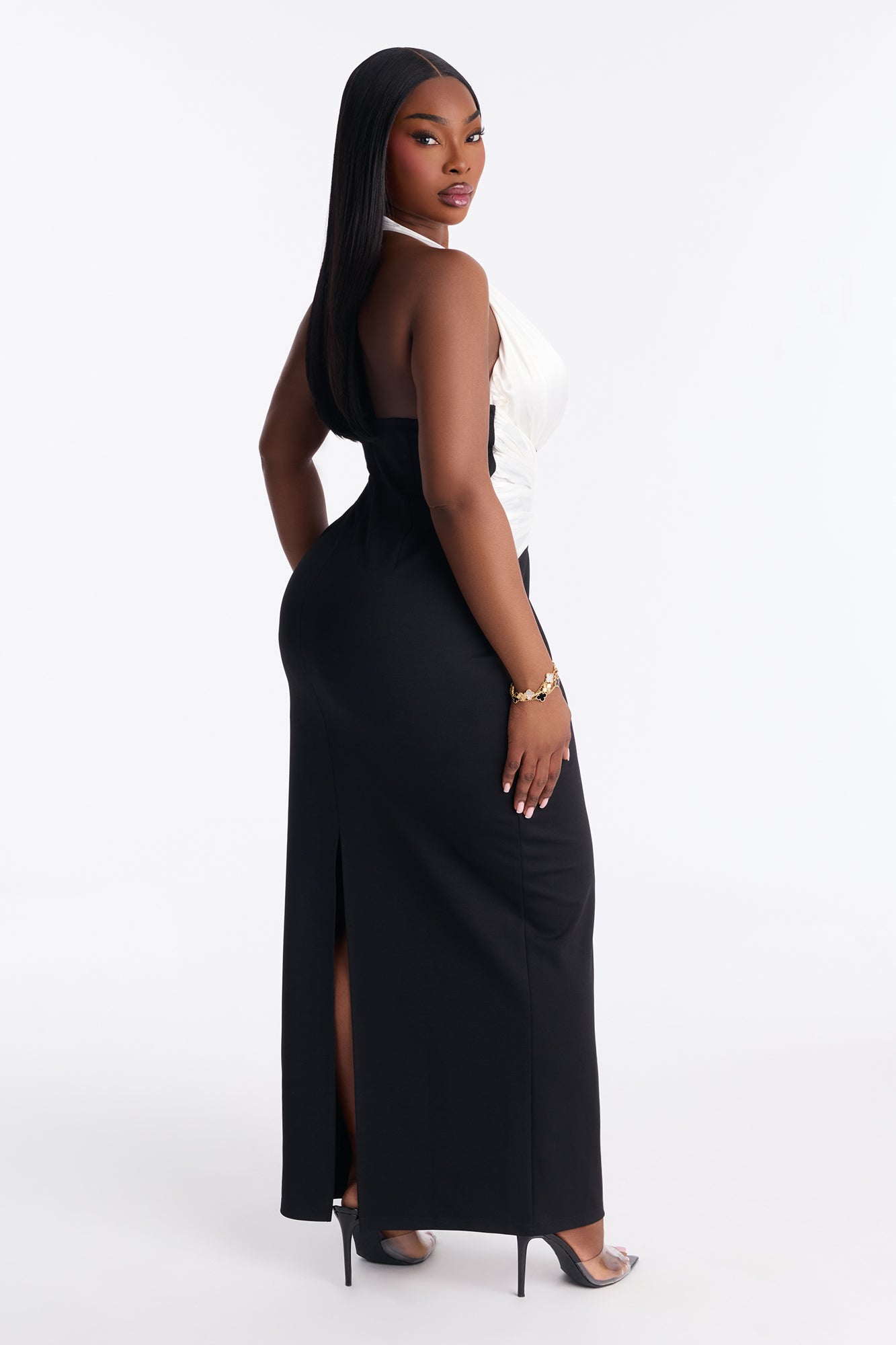 Solene Halter Drape Gown - Black/White