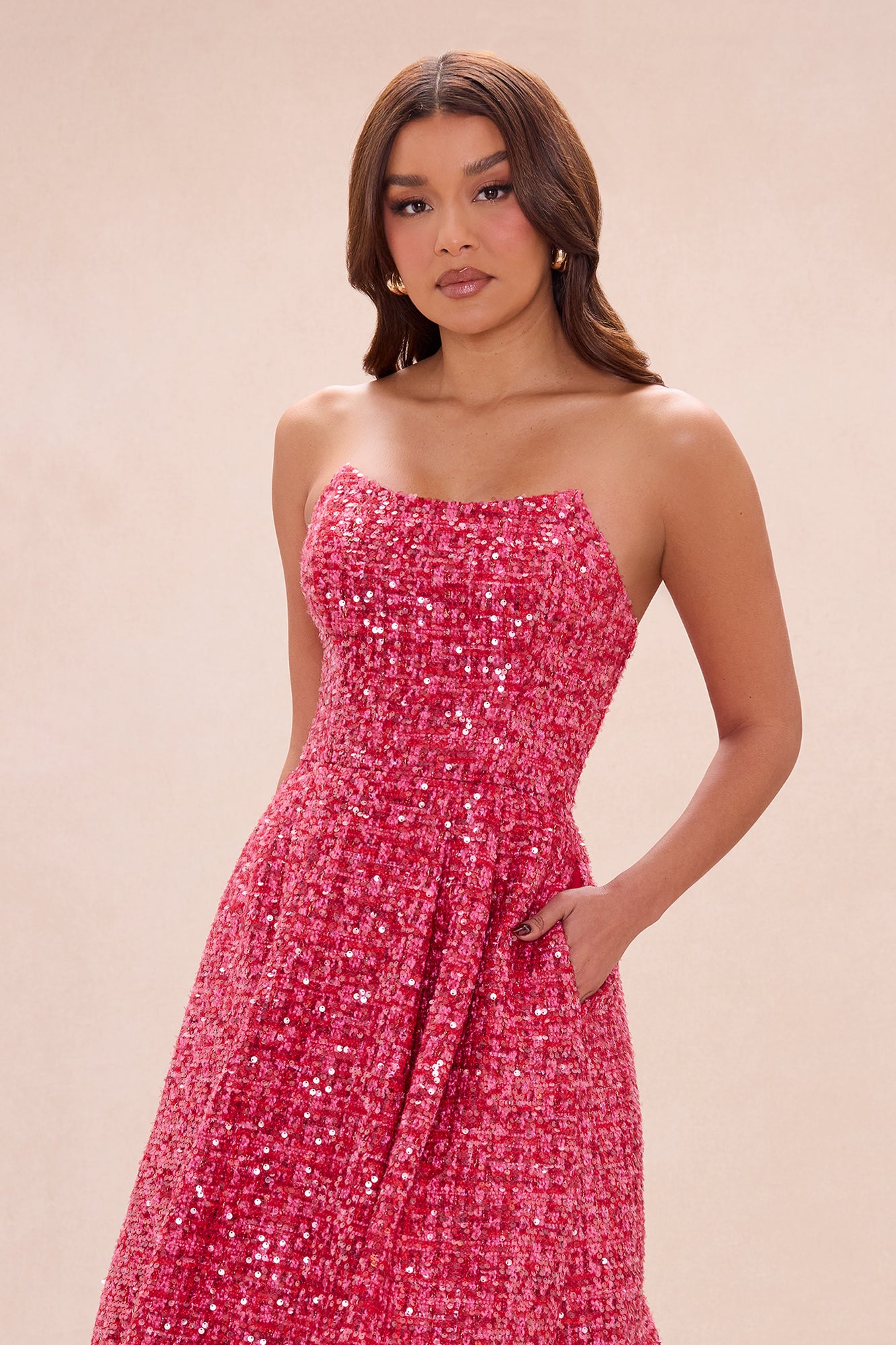 Margot Embellished Tweed Midi Dress - Hot Pink