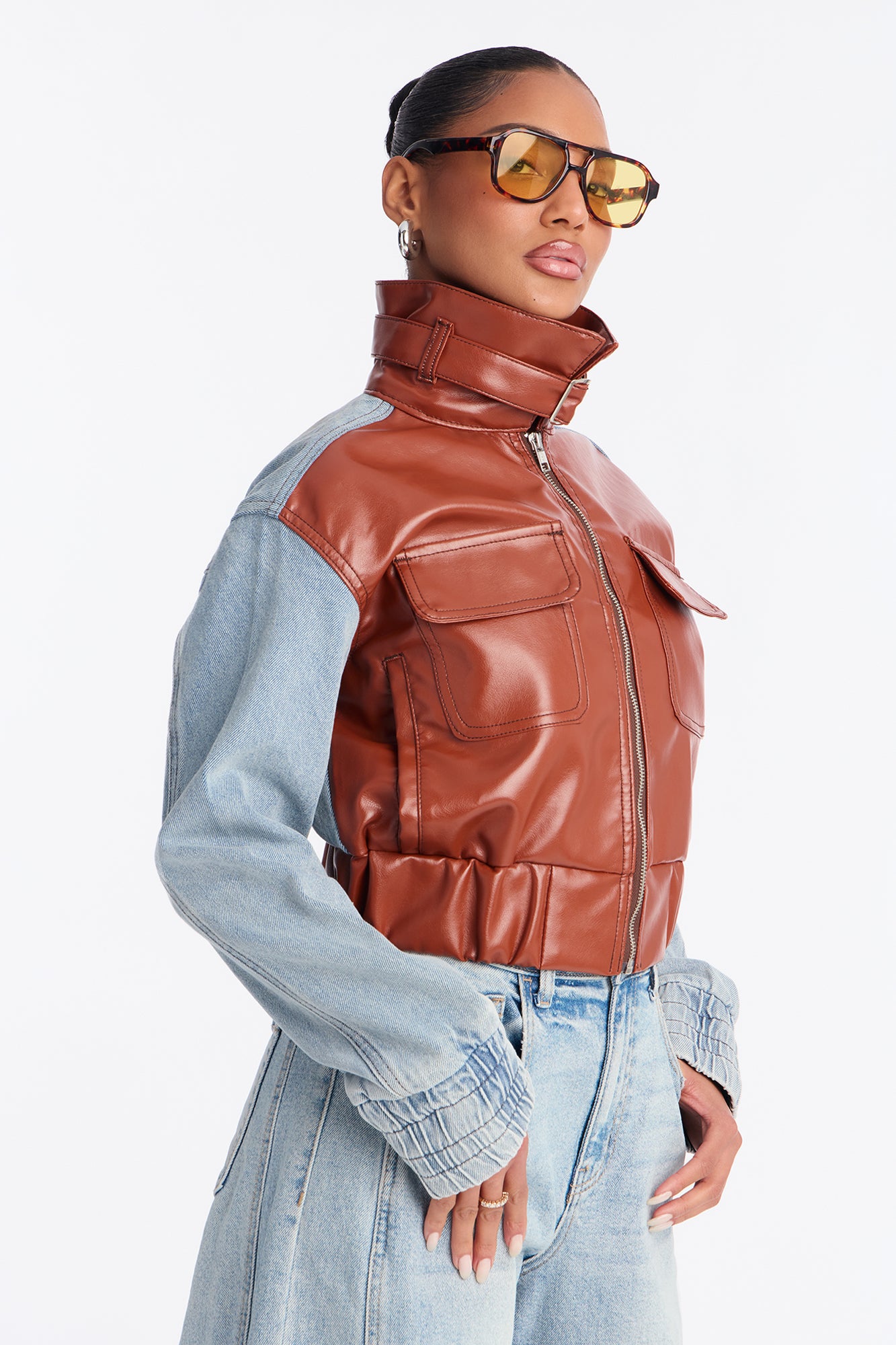 Holland High Neck PU Denim Jacket - Light Wash