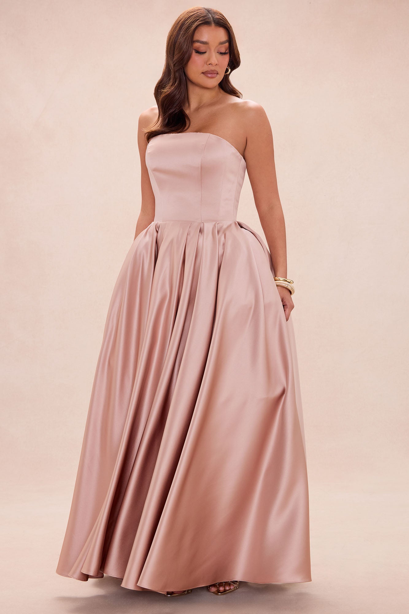 Invite Only Strapless Satin Gown - Mocha