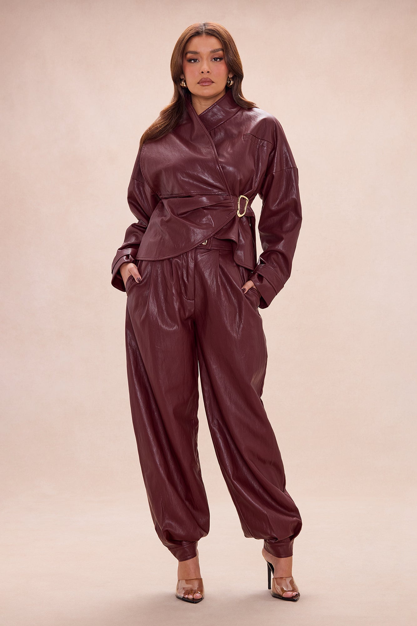 Mariella Faux Leather Balloon Pant - Burgundy